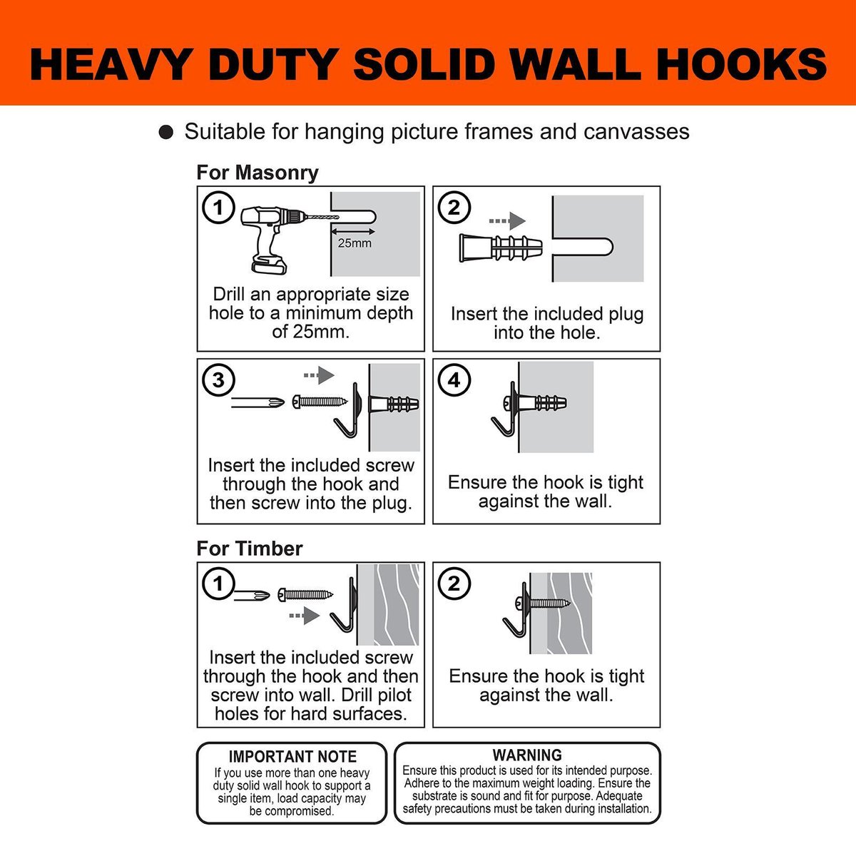 Everhang 20kg Heavy-Duty Zinc Plated Steel Solid Wall Picture Hanging Hook - 2 Pack