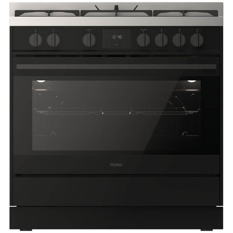 Haier 90cm 500 Series Dual Fuel Freestanding Oven 149L - Air Fry, 5 Gas Burners, Black - HOR90S11MBX2