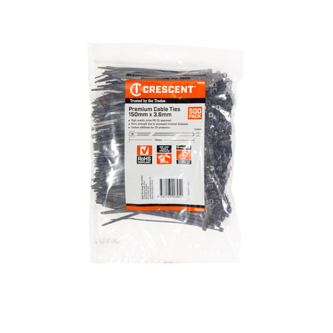 Crescent 150 x 3.6mm Black Cable Ties 500 Pack Nylon UV Resistant