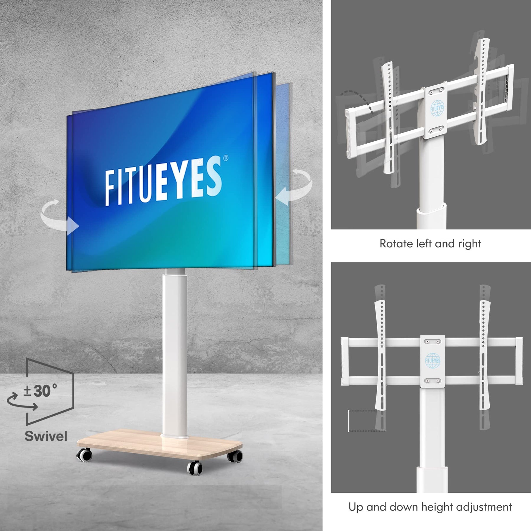 Tall Mobile TV Stand with Wood Base for 32-65 Inch TVs - White - Swivel Mount, Height Adjustable, on Wheels