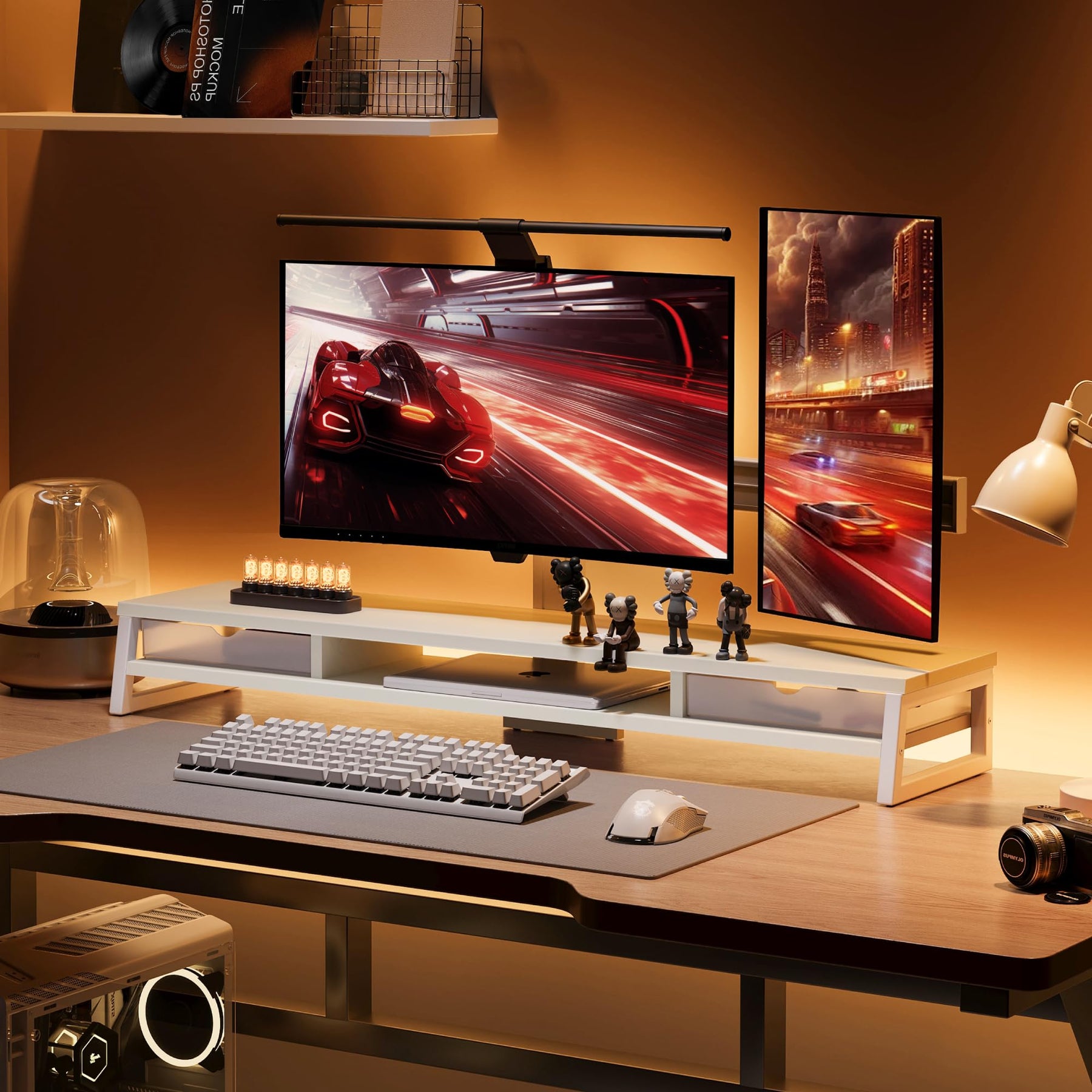 Dual Monitor Stand with Drawers 42.5 Inch - White - 2 Tier Wooden Desk Riser, 3 Compartments, 2 Frosted Acrylic Drawers
