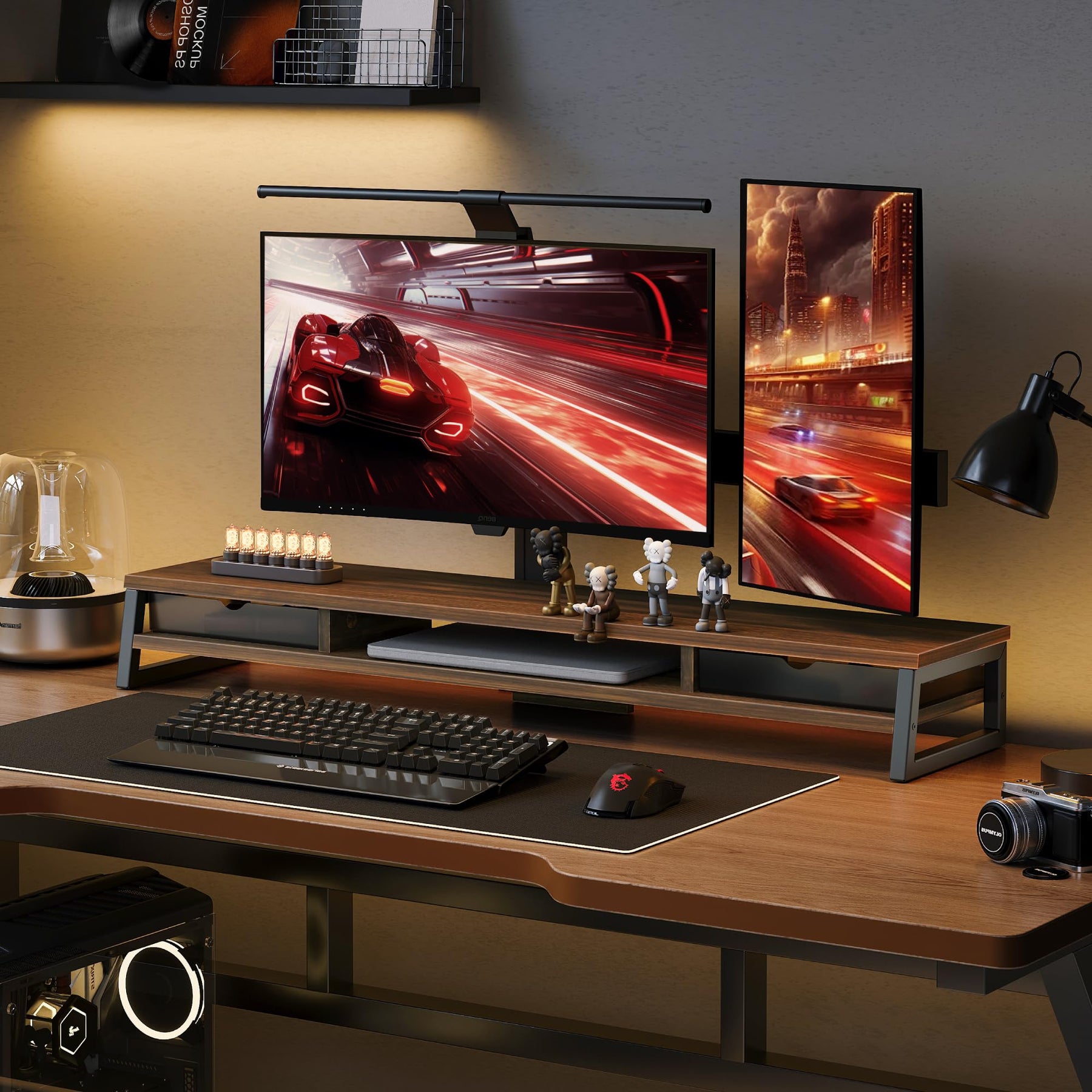 Dual Monitor Stand with Drawers 42.5 Inch - Brown - 2 Tier Wooden Desk Riser, 3 Compartments, 2 Frosted Acrylic Drawers