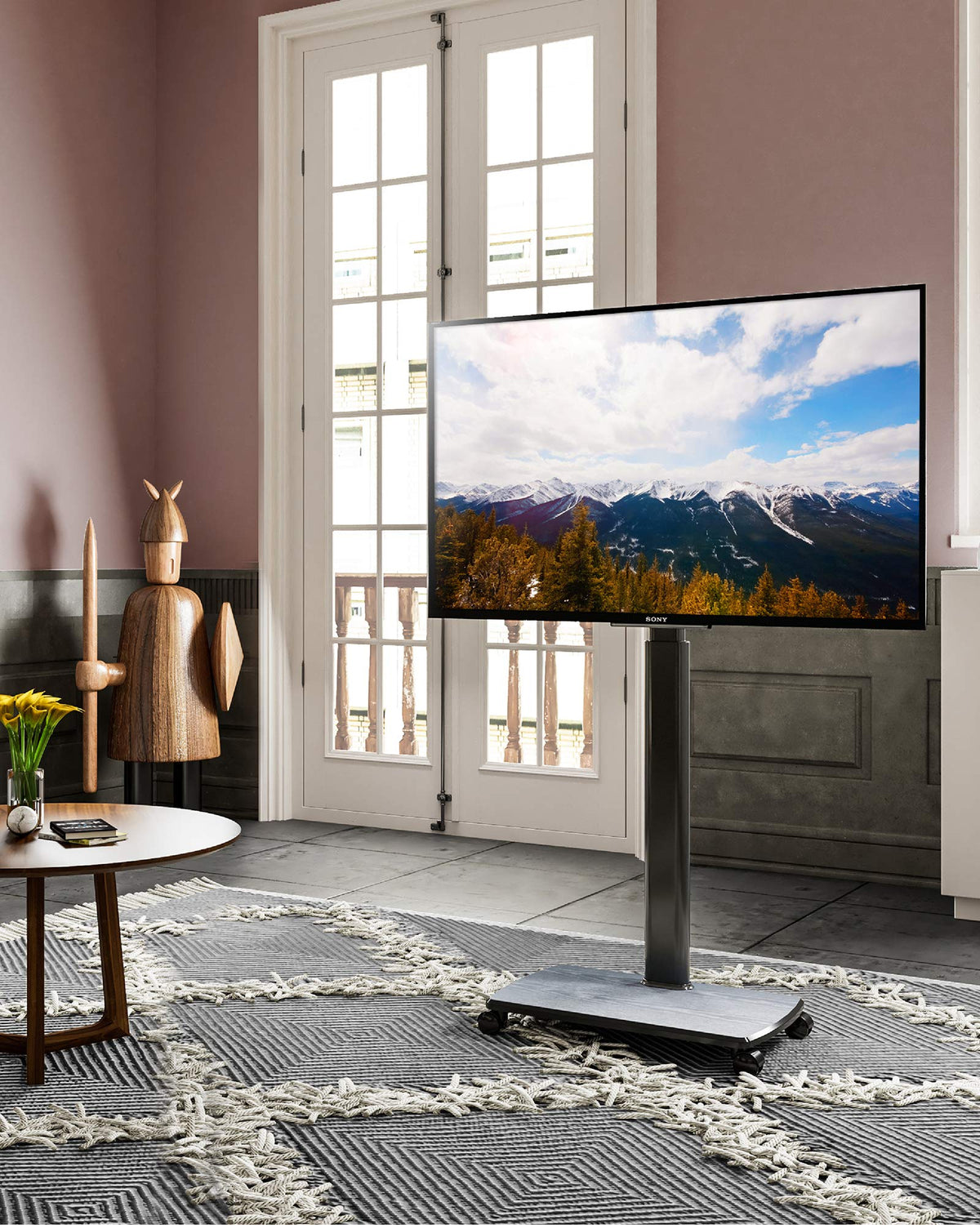 Tall Mobile TV Stand with Wood Base for 32-65 Inch TVs - Black - Swivel Mount, Height Adjustable, on Wheels