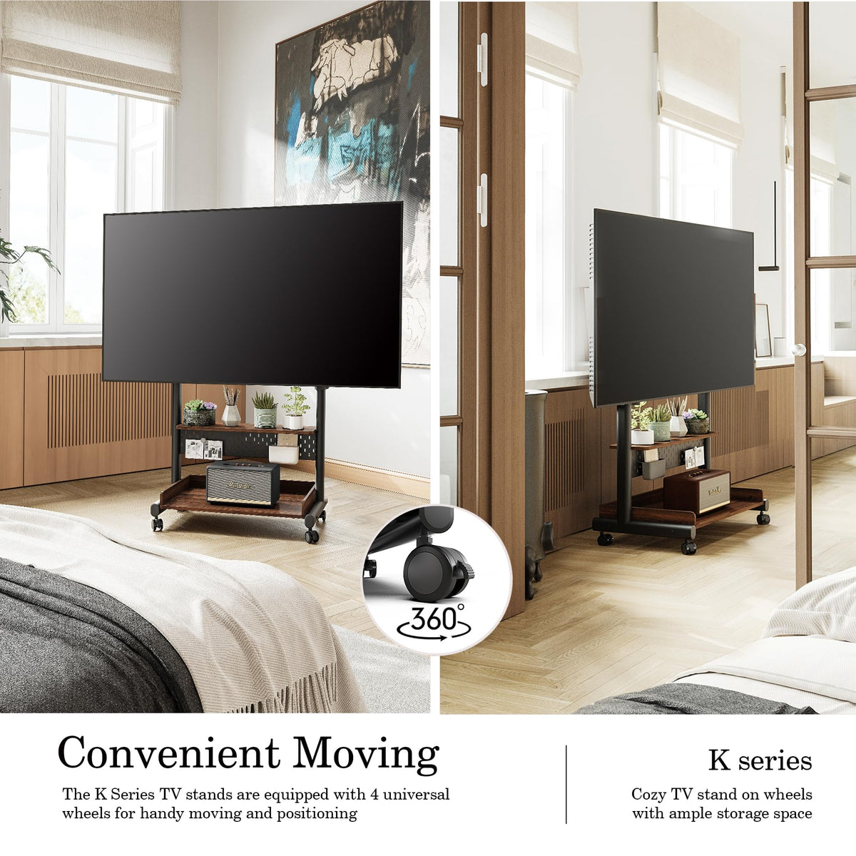 Corner TV Stand on Wheels for 40-85 Inch TVs - Black - Peg Board and Wooden Shelf Storage, Height Adjustable Mount