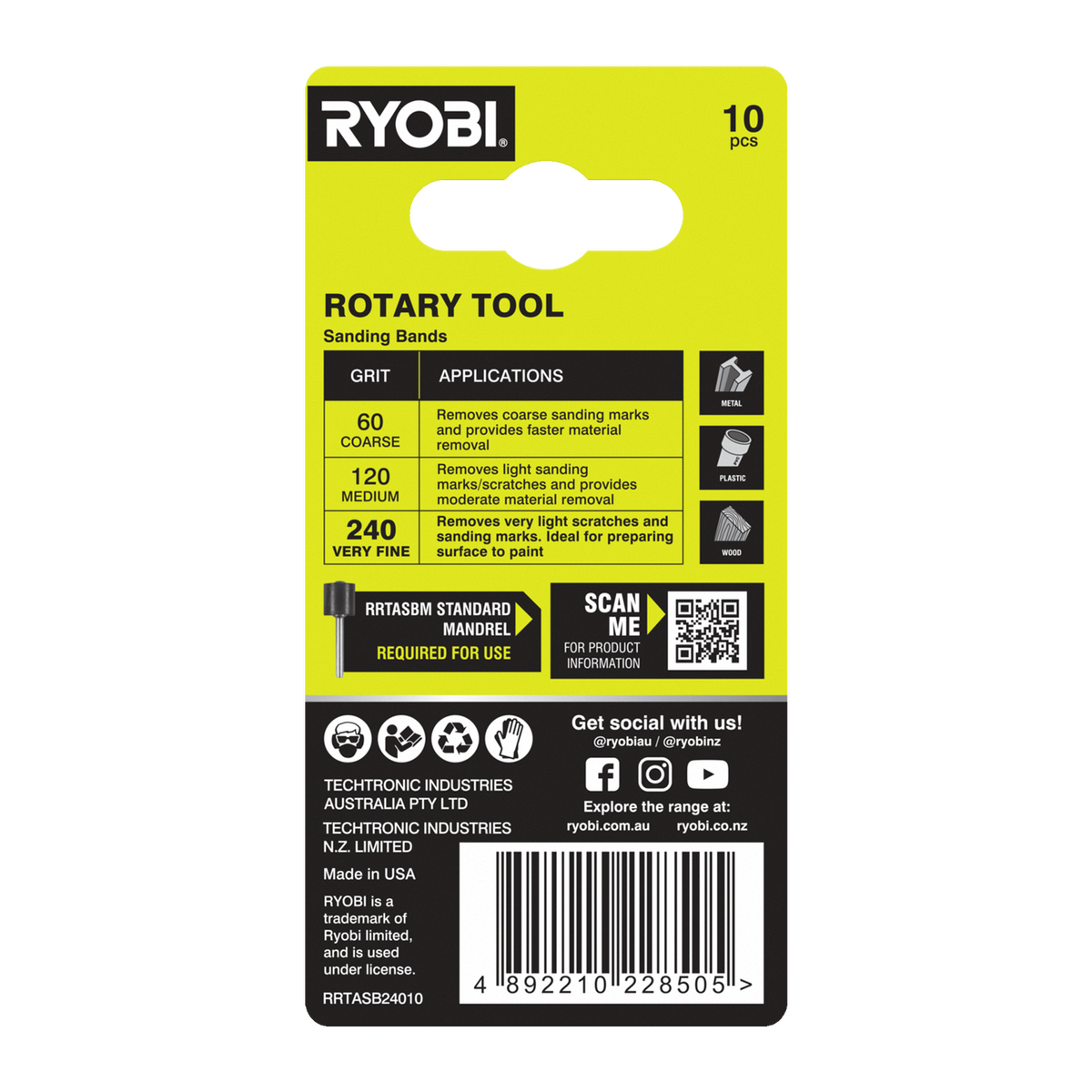 Ryobi 240 Grit Sanding Band for Rotary Tools - 10 Pack (Aluminium Oxide)
