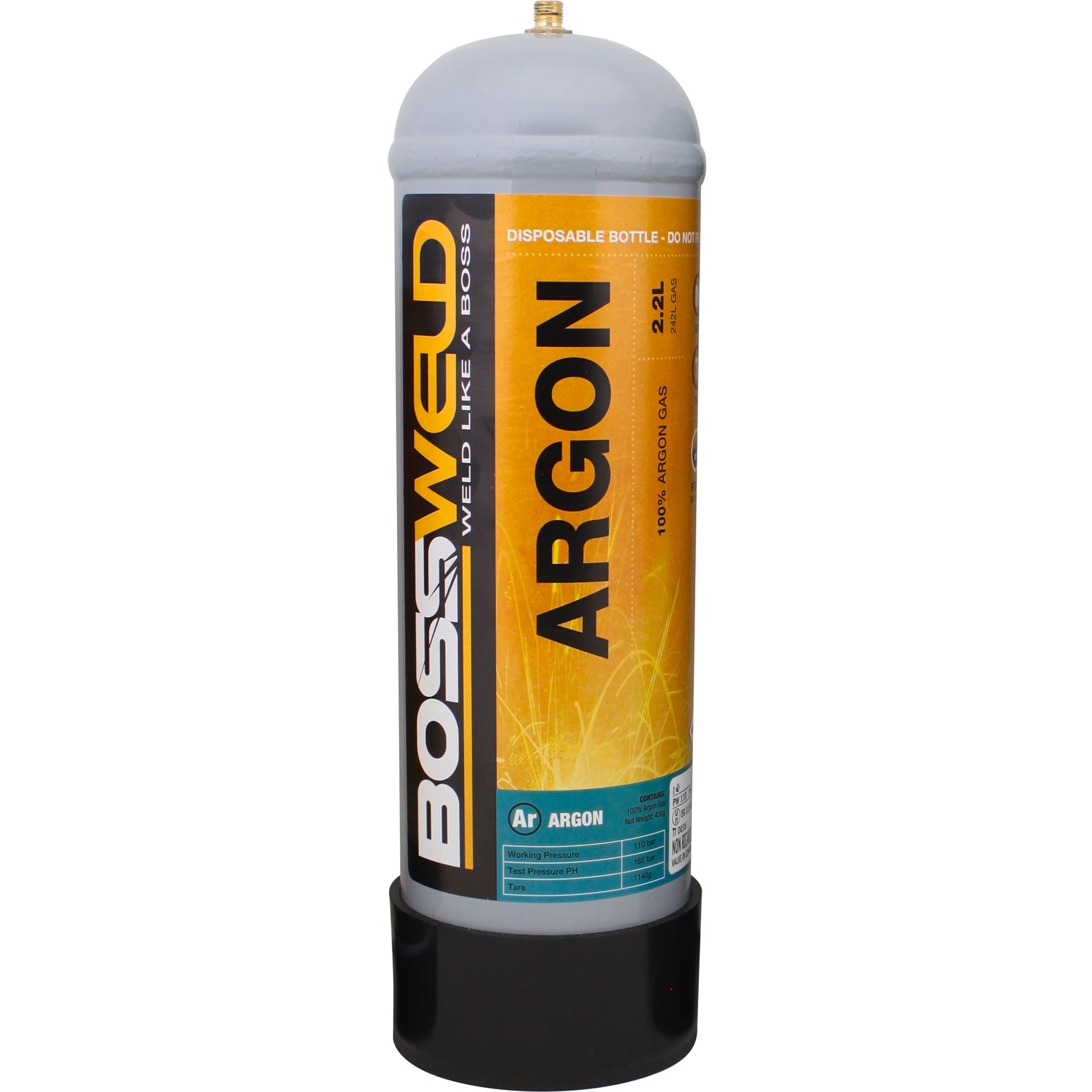 Bossweld 2.2L Pure Argon Disposable Gas Bottle