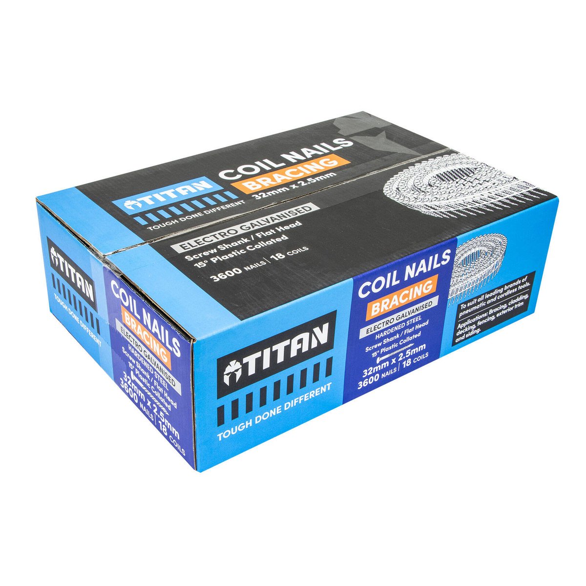 Titan 32 x 2.5mm Hardened Electro Galvanised Collated Coil Nail Screw - 3600 Pack