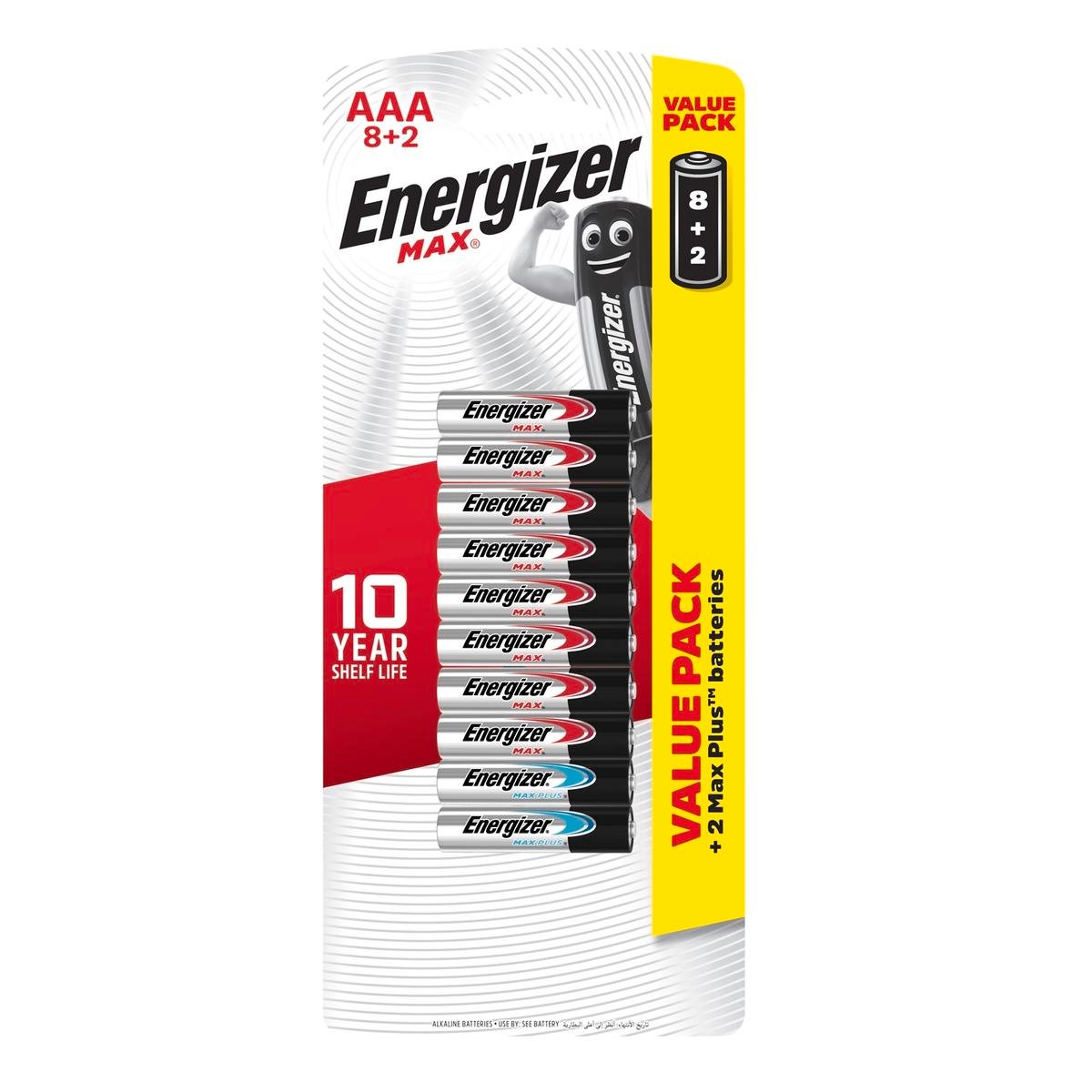 Energizer Max AAA Alkaline Batteries 10 Pack (8+2), 1.5V Long Life