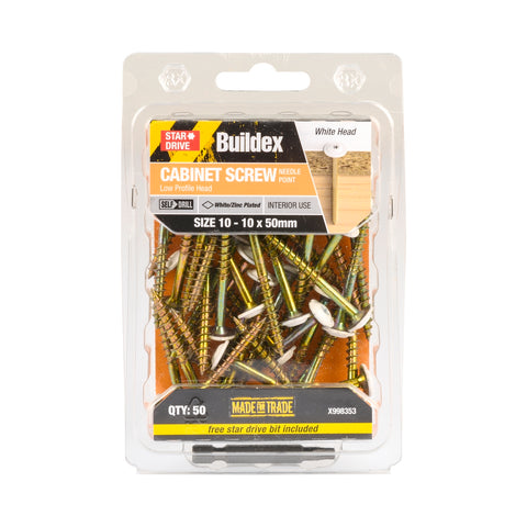 Buildex 10-10 x 50mm White Star Head Cabinet Screws - Zinc Plated, Needle Point, 50 Pack