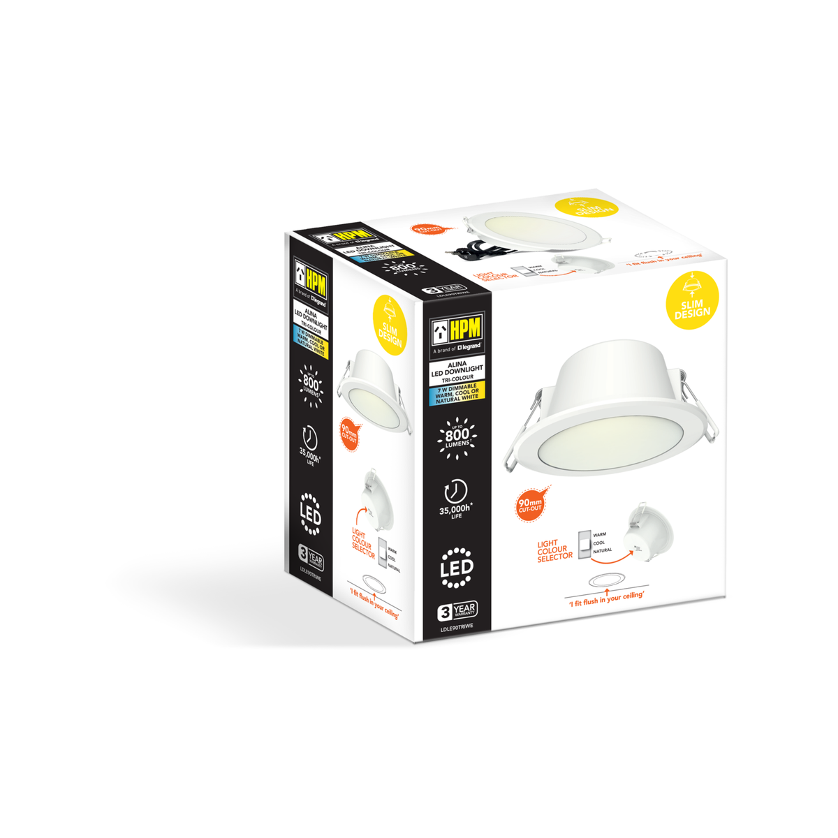 HPM Alina 90mm LED Tri-Colour Flush Downlight, 7W 800lm Dimmable LDLE90TRIWE