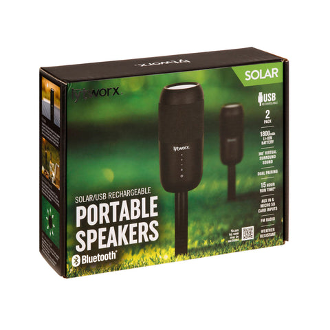 Lytworx Solar/USB Portable Bluetooth Speakers, Rechargeable, Removable Stake, Outdoor - 2 Pack