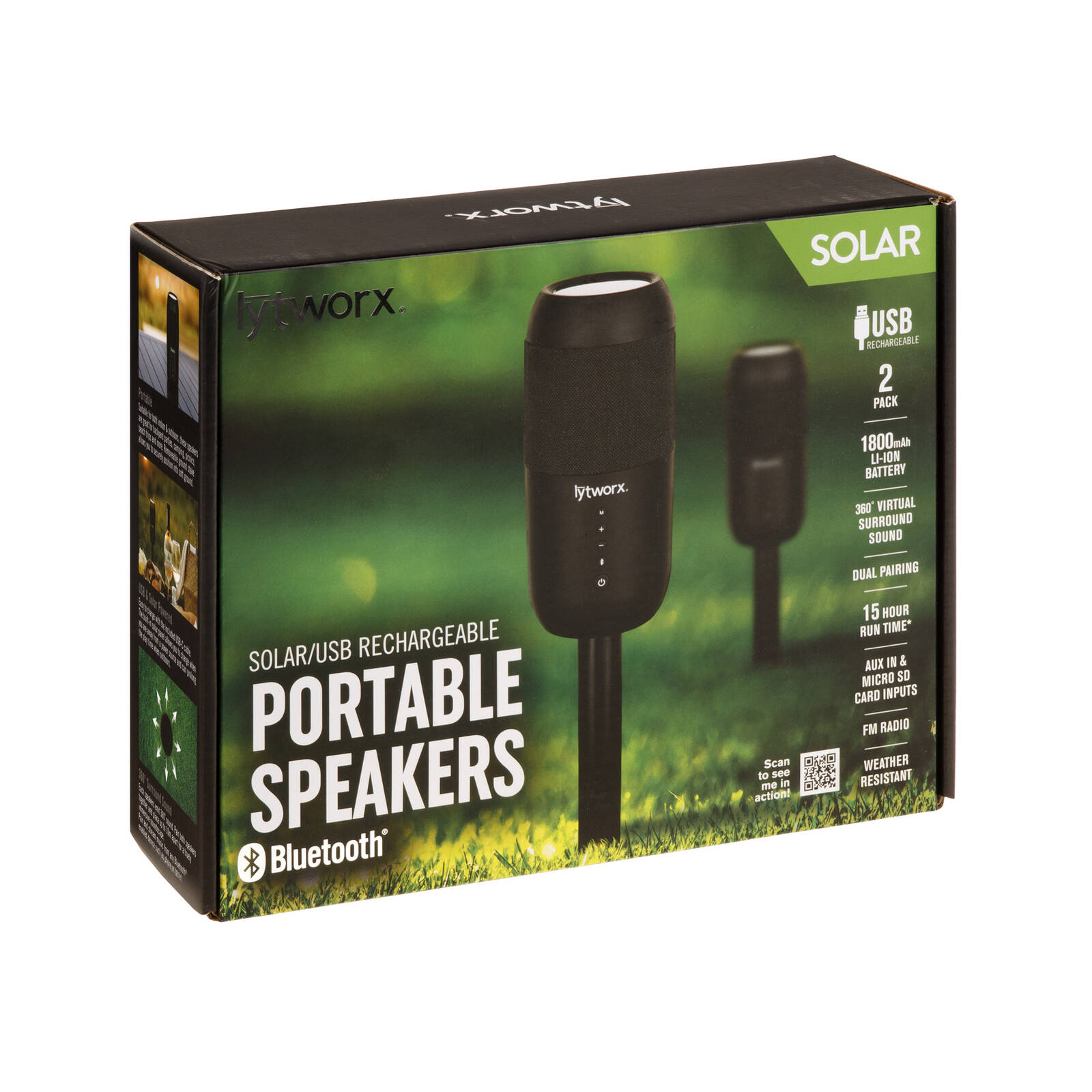 Lytworx Solar/USB Portable Bluetooth Speakers, Rechargeable, Removable Stake, Outdoor - 2 Pack