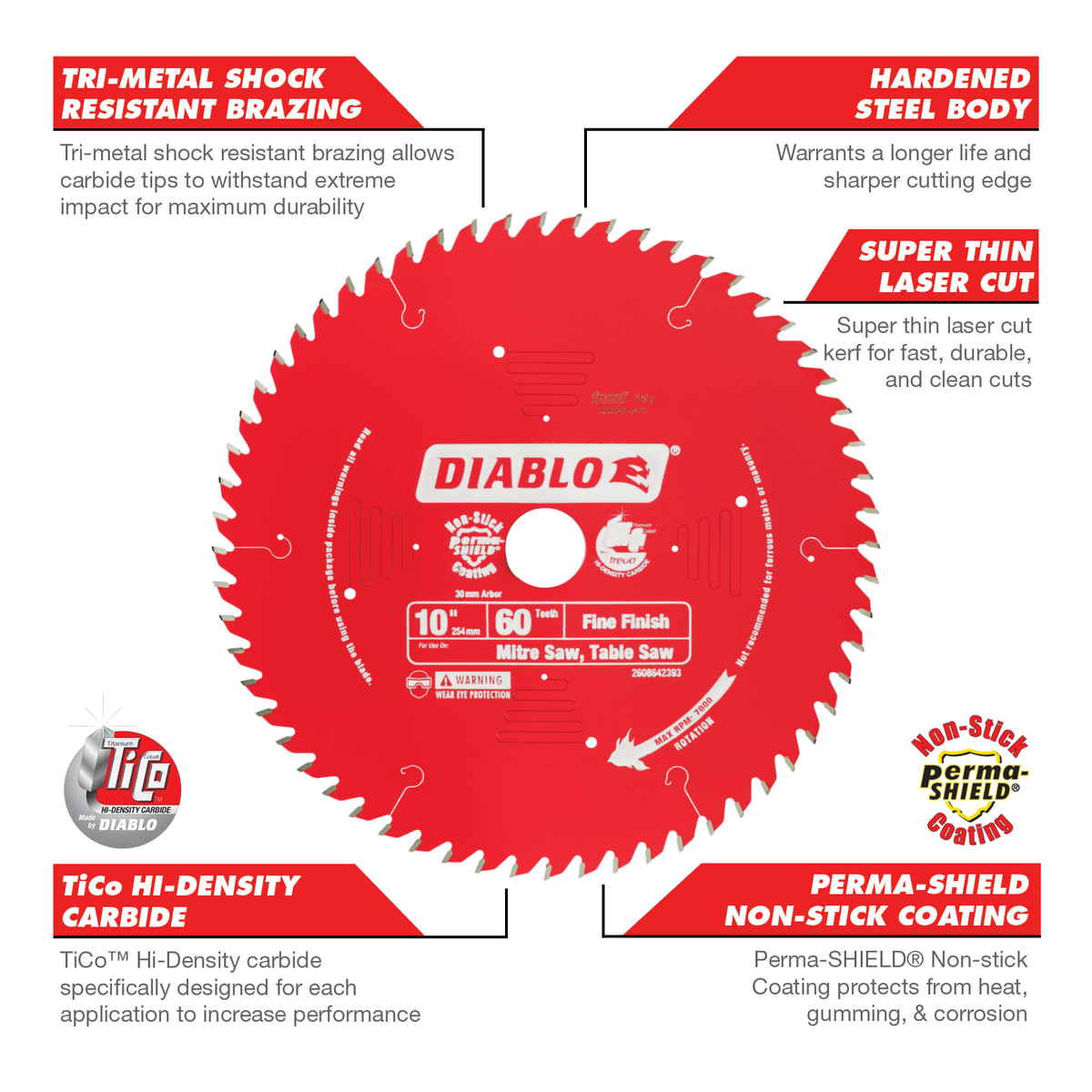 Diablo 254mm 60 Teeth Mitre Saw Blade - Red - Durable Steel Construction - SuperSaverAU - view 3