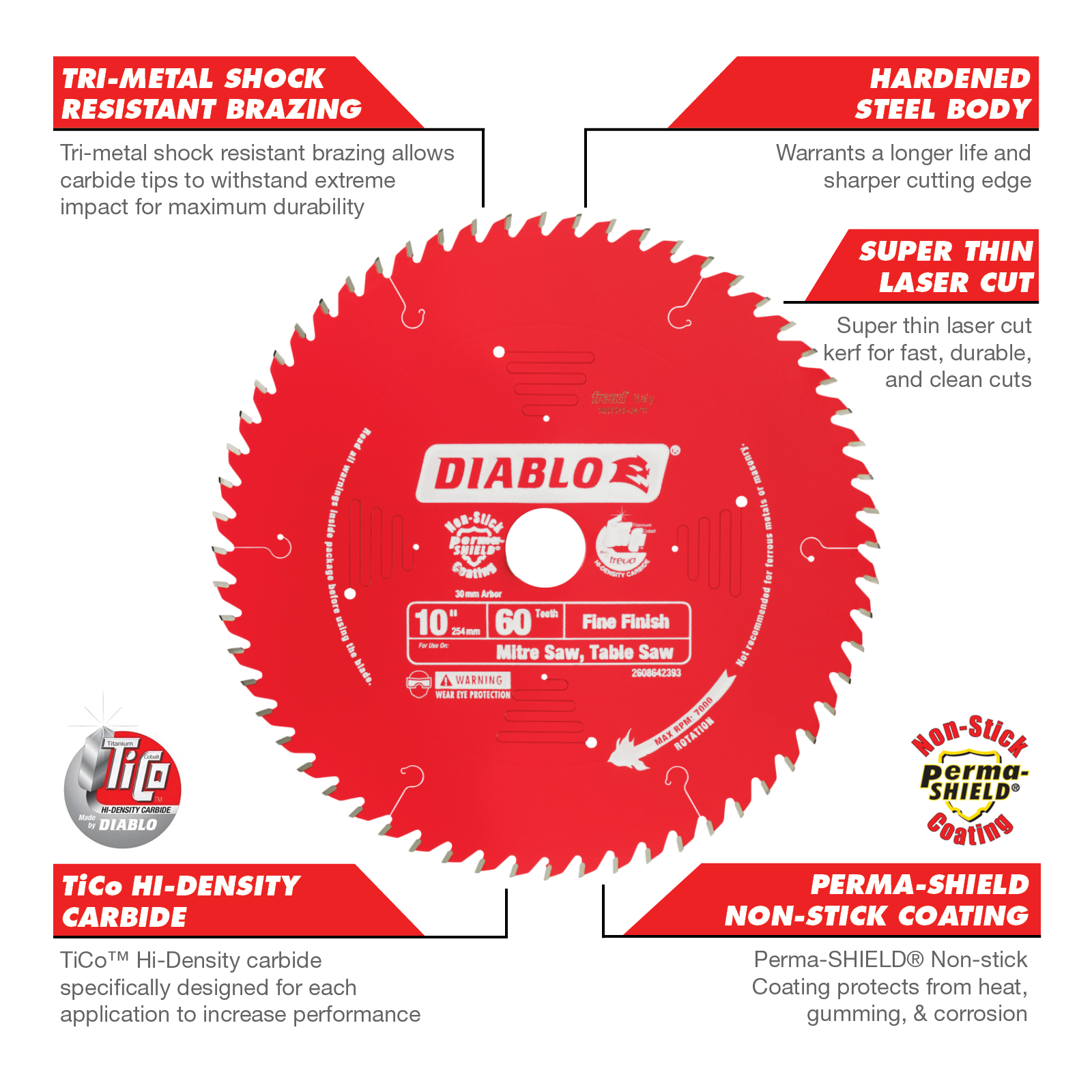 Diablo 254mm 60T Fine Finish Mitre Saw Blade 30mm Arbor