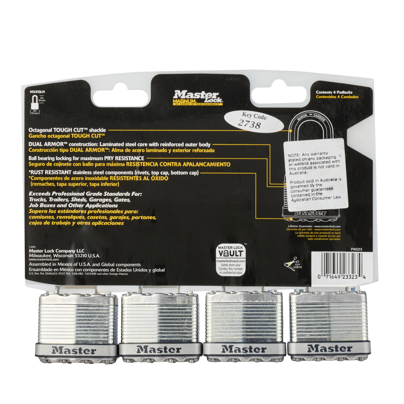 Master Lock Magnum 51mm Long Shackle Laminated Steel Padlock - 4 Pack
