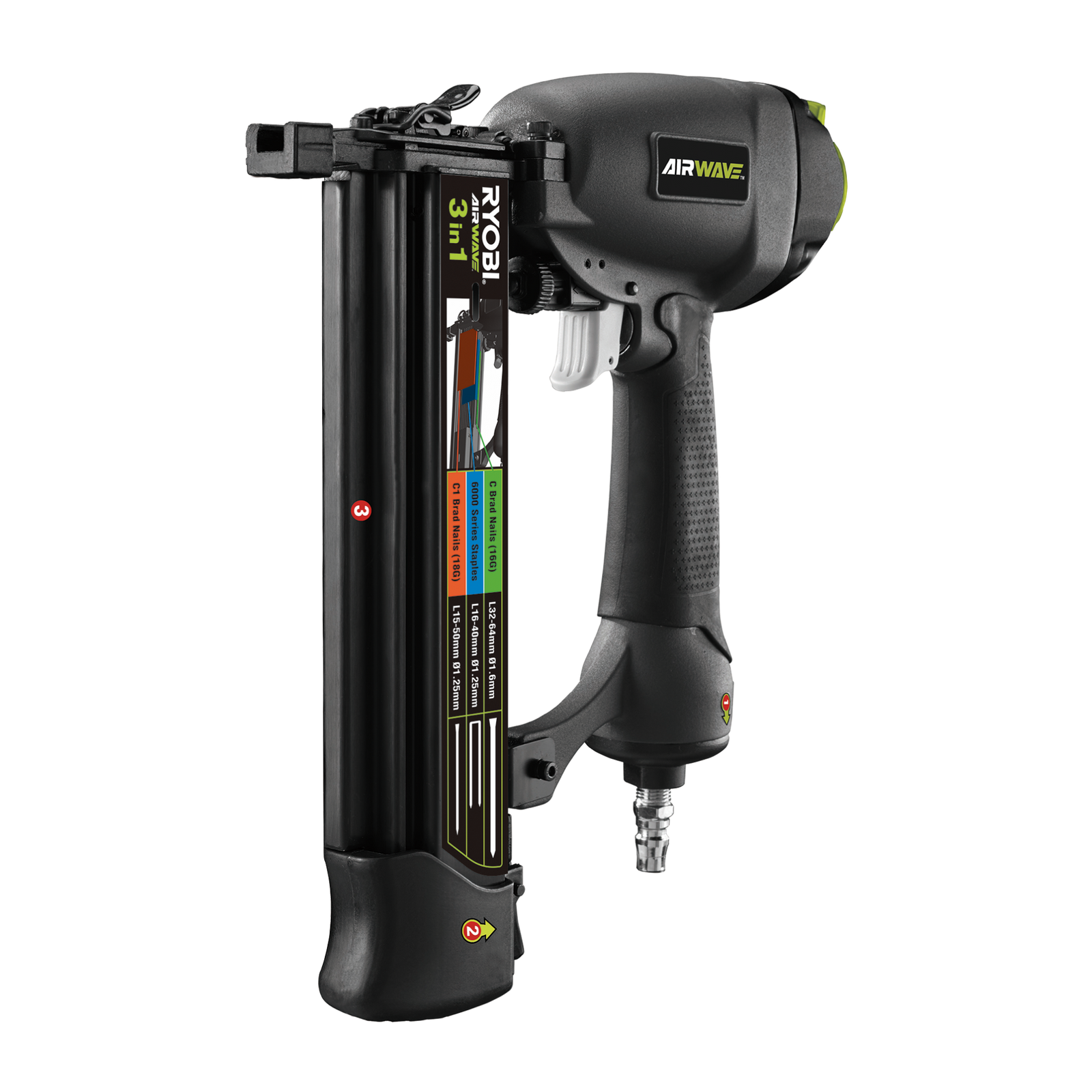 Ryobi Airwave 3 in 1 Air Brad Nailer and Stapler, 15-64mm, Grey RA-NBS1664-S