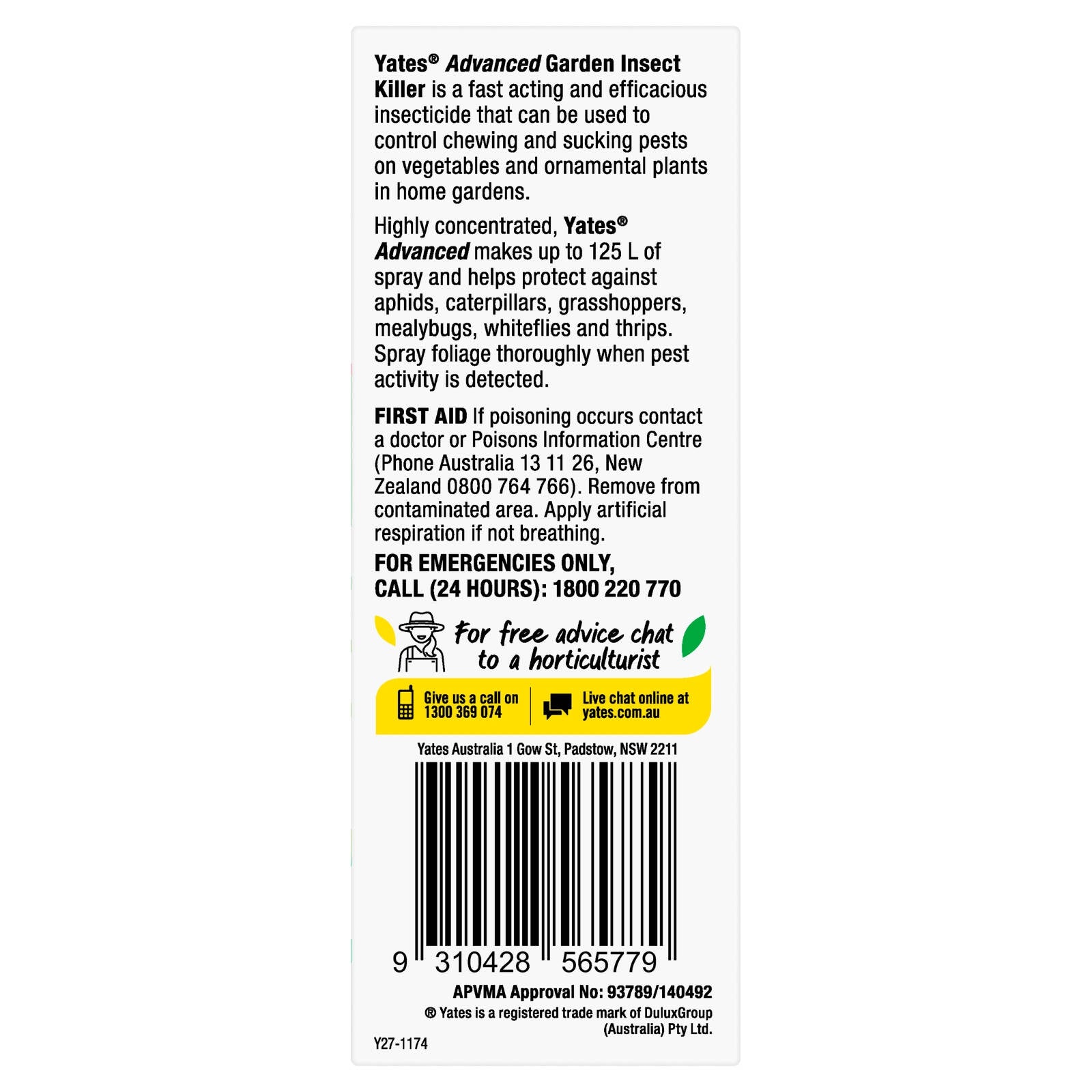 Yates 50ml Advanced Garden Insect Killer Liquid Concentrate