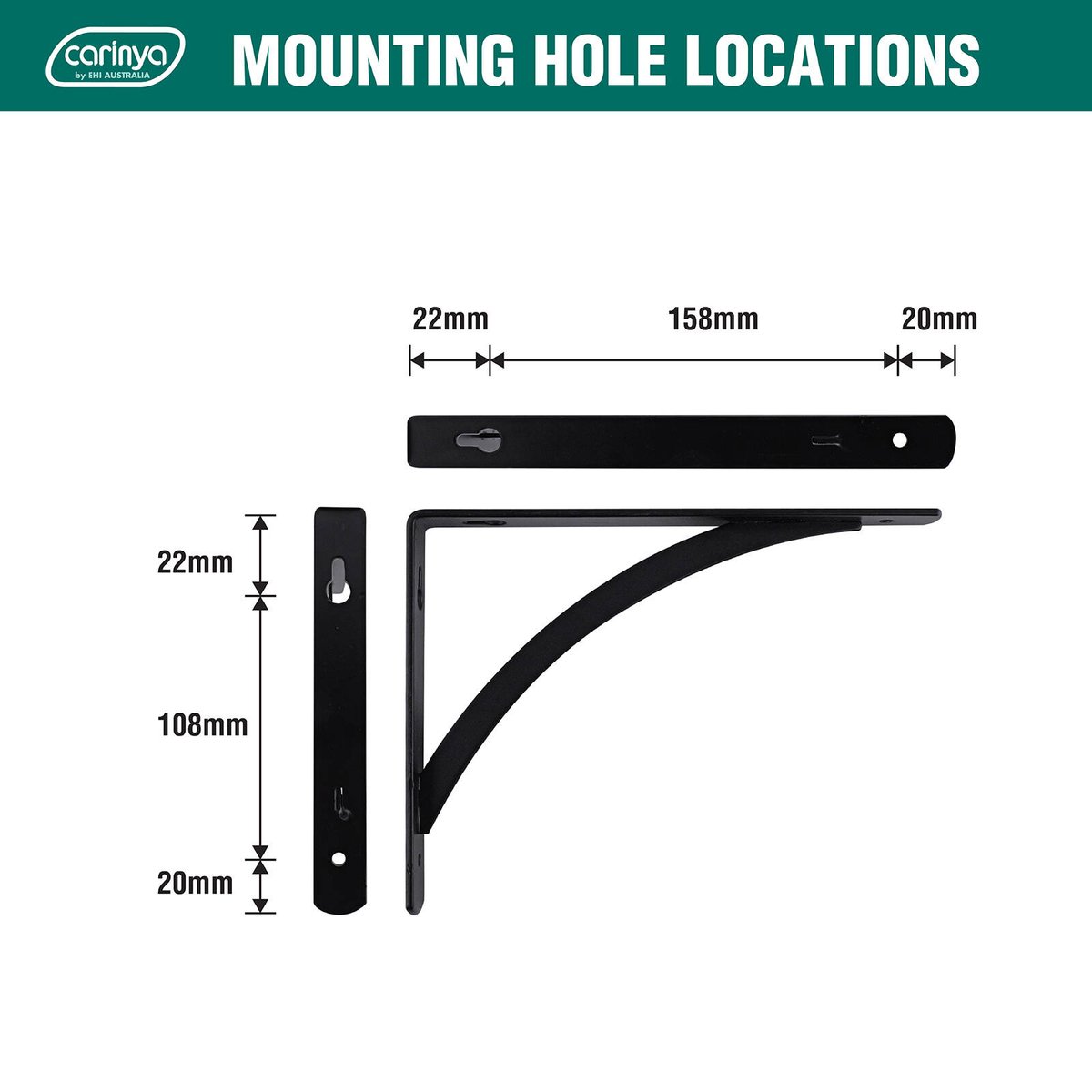 Carinya 200 x 150mm Black Powder Coated Steel Arch Stayed Bracket Wall Mount 60kg Load