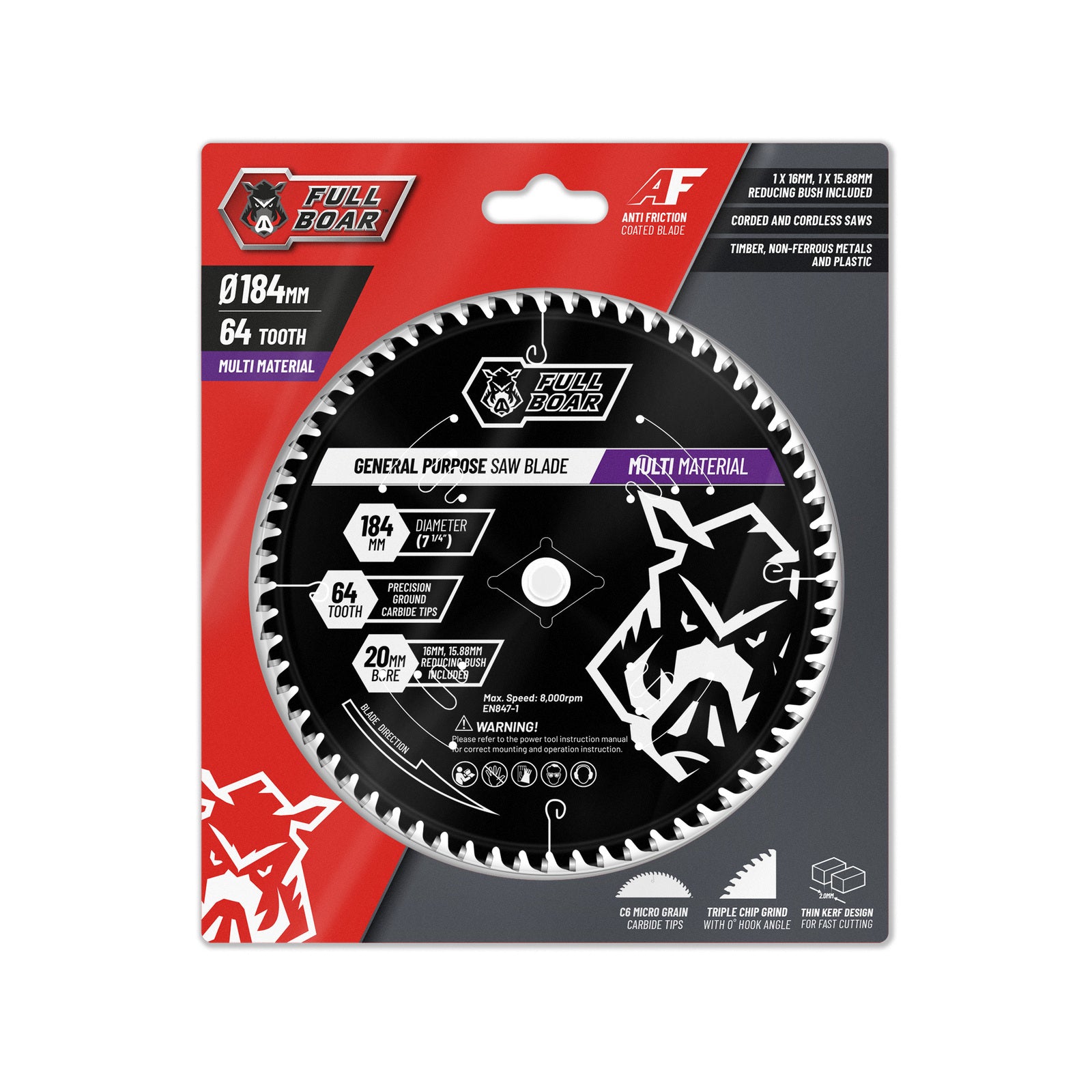 Full Boar 184mm 64T Multi-Material Circular Saw Blade, 20mm Bore
