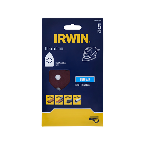 Irwin 105 x 170mm 180 Grit Detail Sanding Sheets - 5 Pack