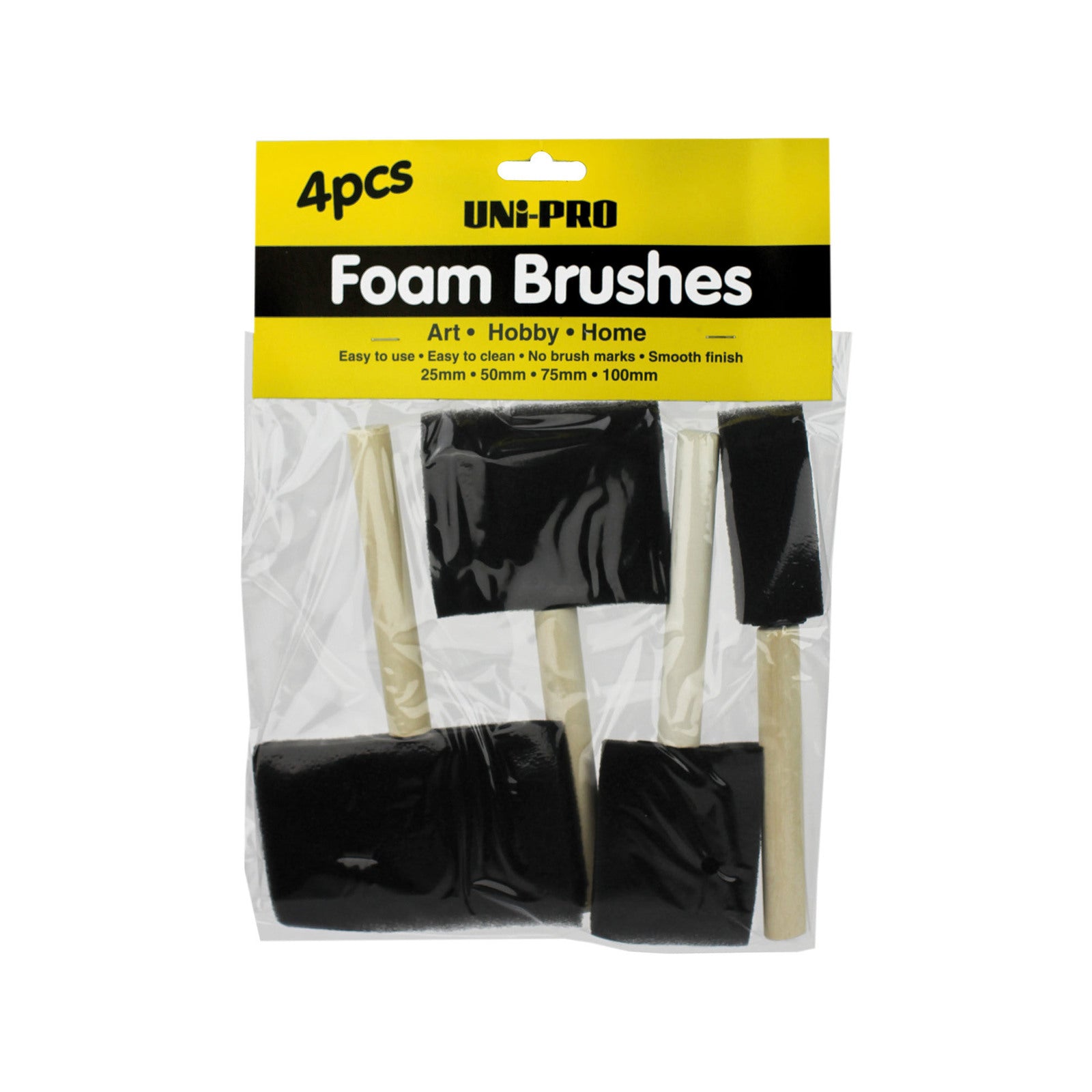 Uni-Pro 4 Piece Foam Brush Set with Timber Handles for Paint and Craft