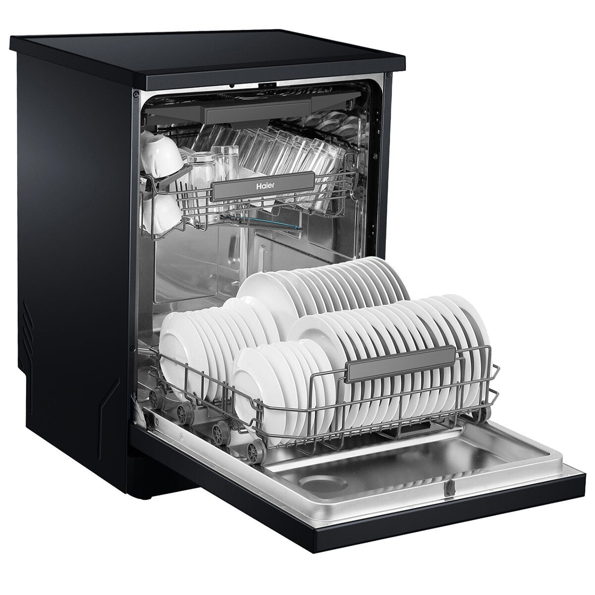Haier 60cm Freestanding Dishwasher with Steam - 15 Place Settings - Black - Auto Door Opening - HDW15F3B1