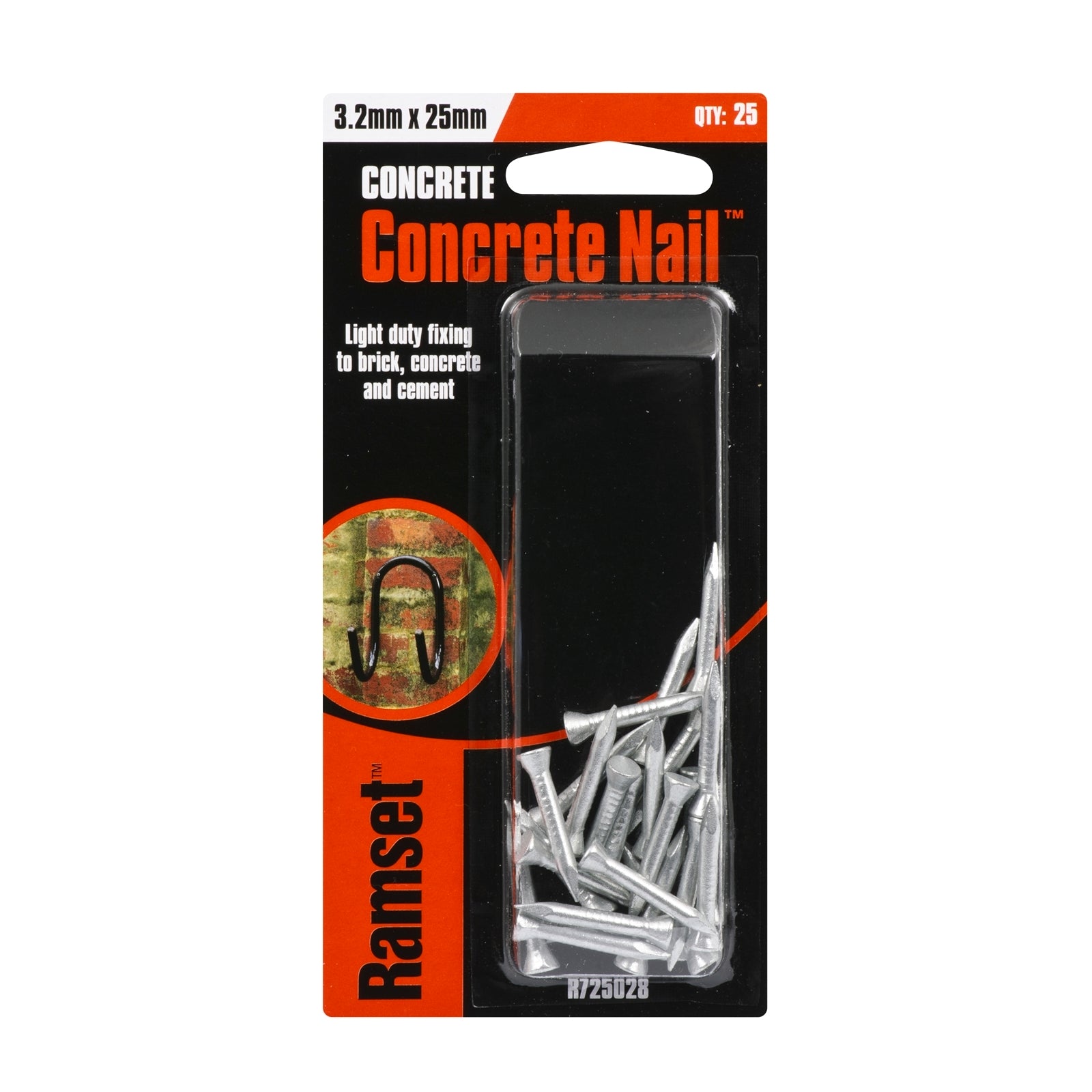 Ramset 3.2 x 25mm Concrete Nails - Zinc Plated Carbon Steel, 25 Pack