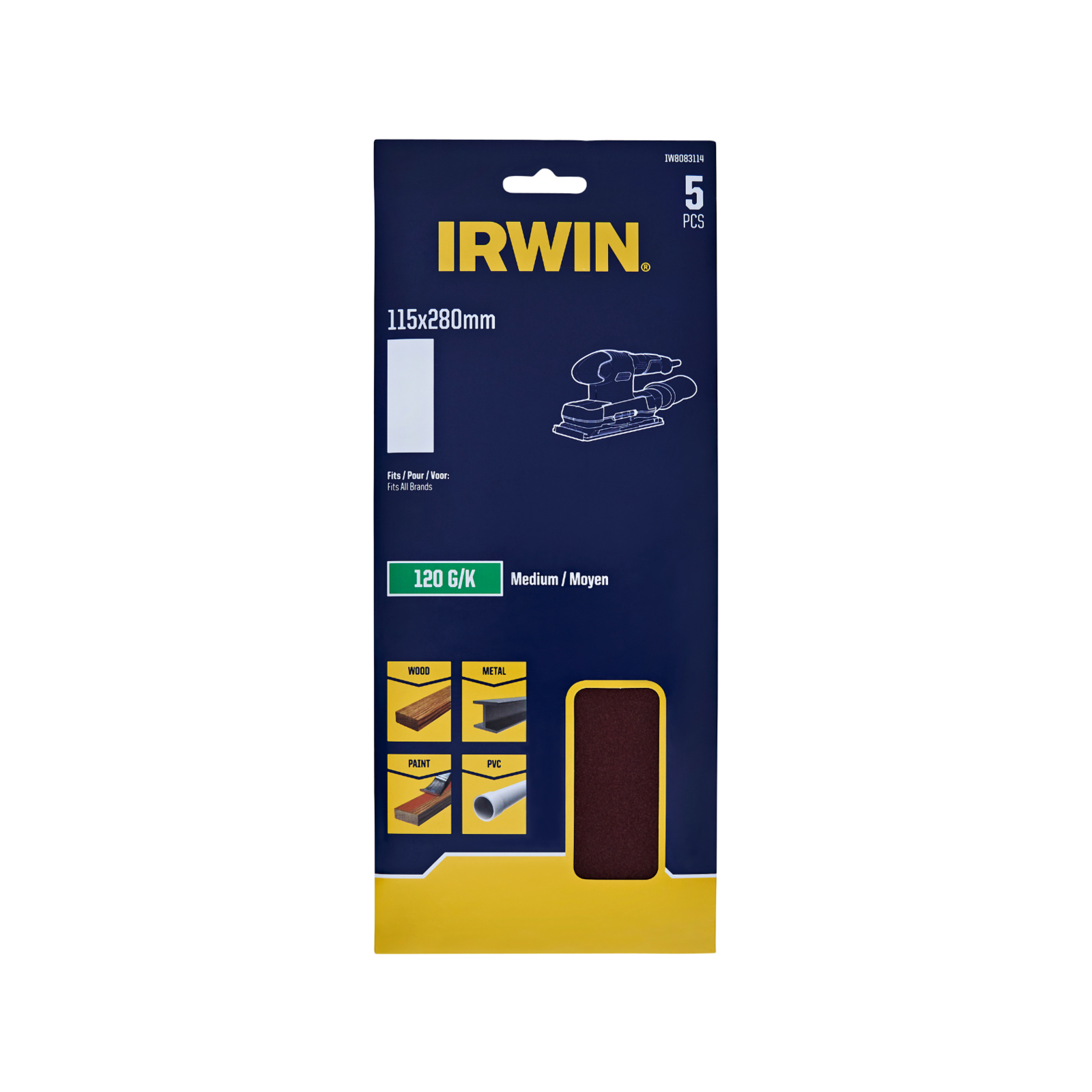 Irwin 115 x 280mm 120 Grit 1/2 Un-Punched Sanding Sheets - 5 Pack