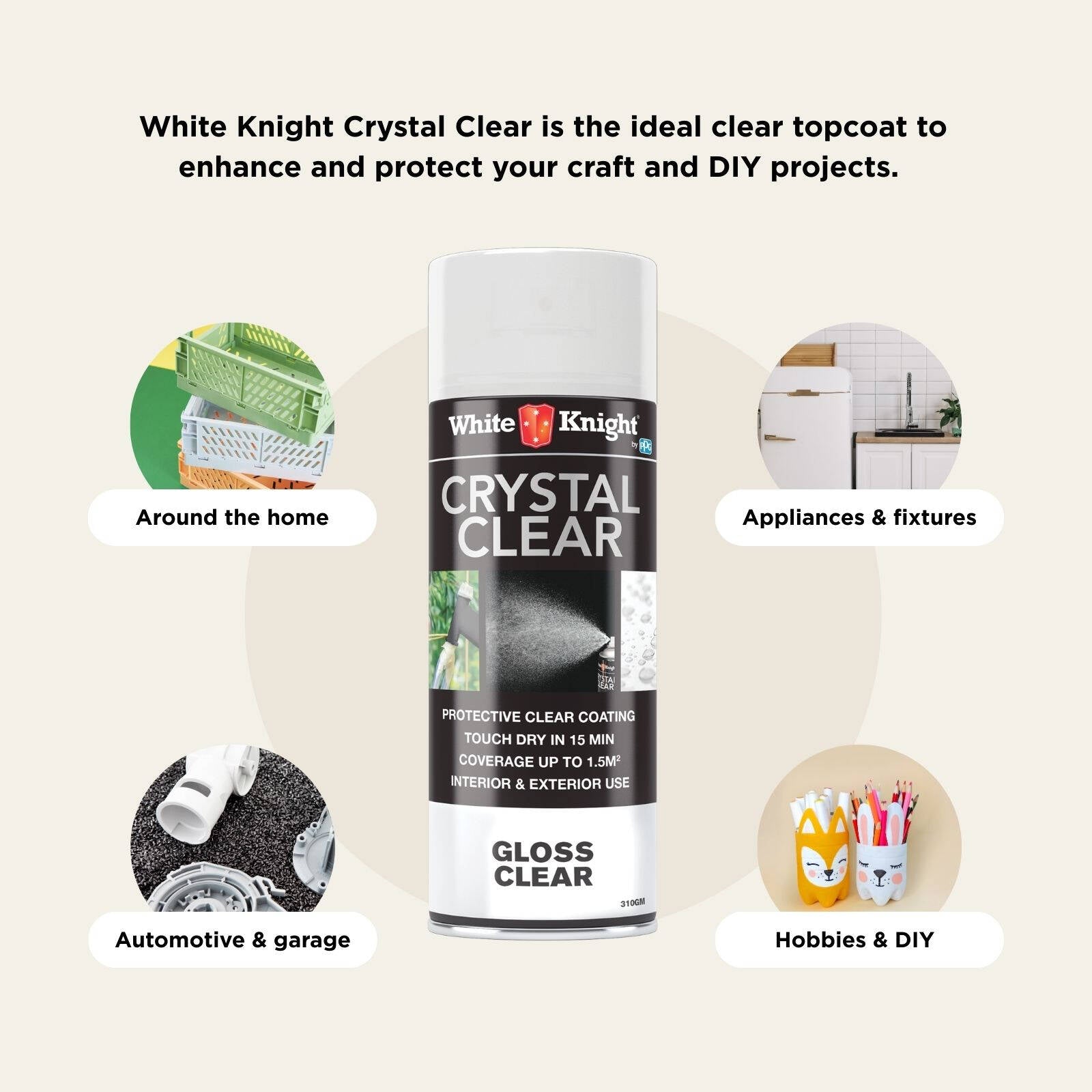 White Knight Crystal Clear 310g Gloss Acrylic Spray Paint - Solvent Based, Indoor & Outdoor