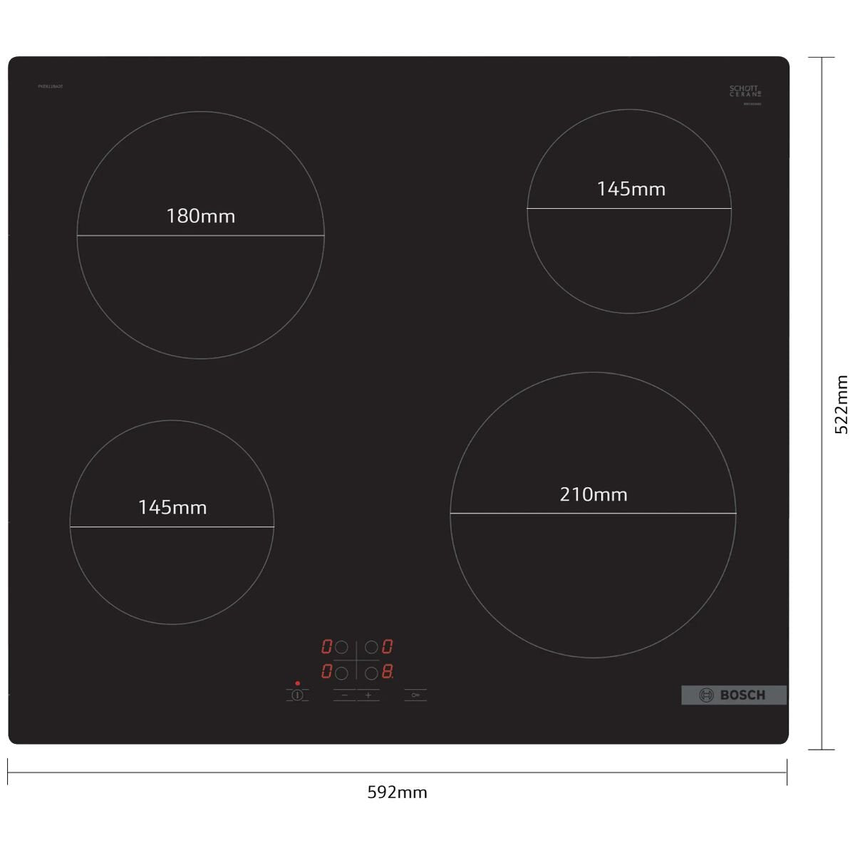 Bosch 60cm Series 4 Ceramic Cooktop - Black, 4 Zones, 17 Heat Levels, ReStart Function - PKE611BA2A