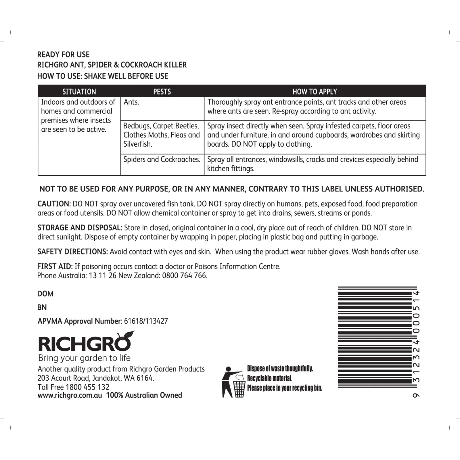Richgro 3L Ready to Use Liquid Ant Spider and Cockroach Killer Indoor Outdoor Clear