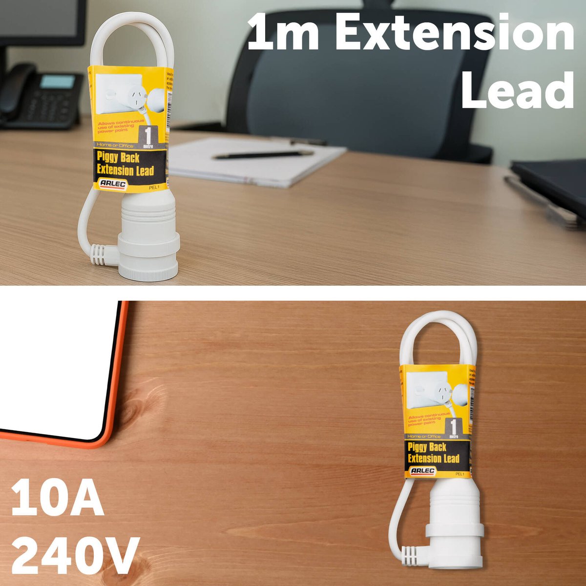 Arlec 1m White Piggyback Extension Lead 240V 10A PEL1