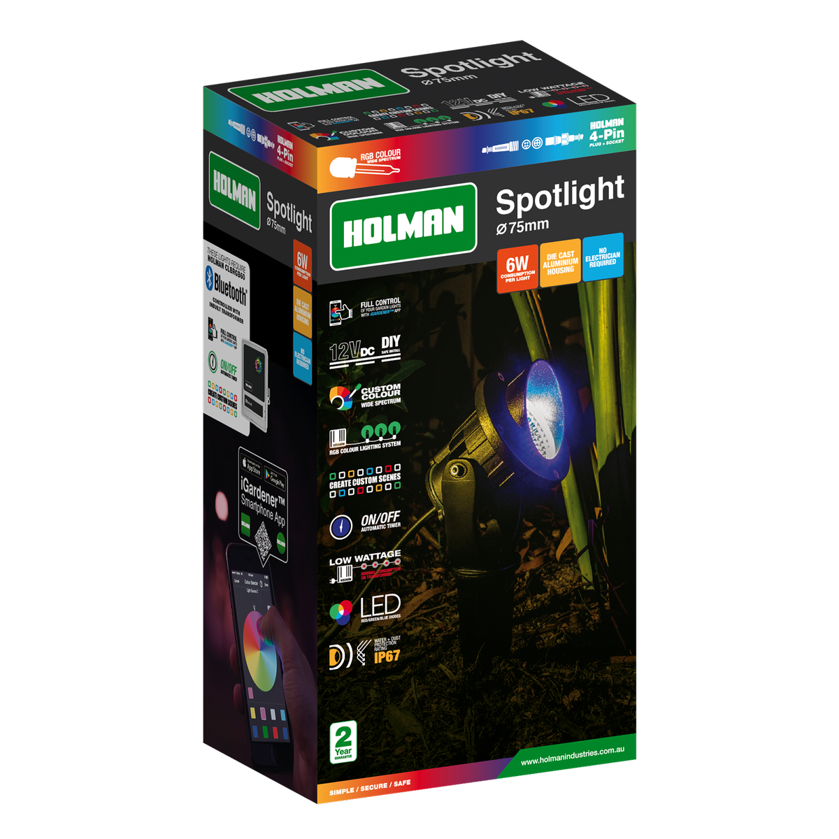 Holman 75mm 12V Black RGB Colour 6W Outdoor Stake Spotlight Waterproof SLRGB756