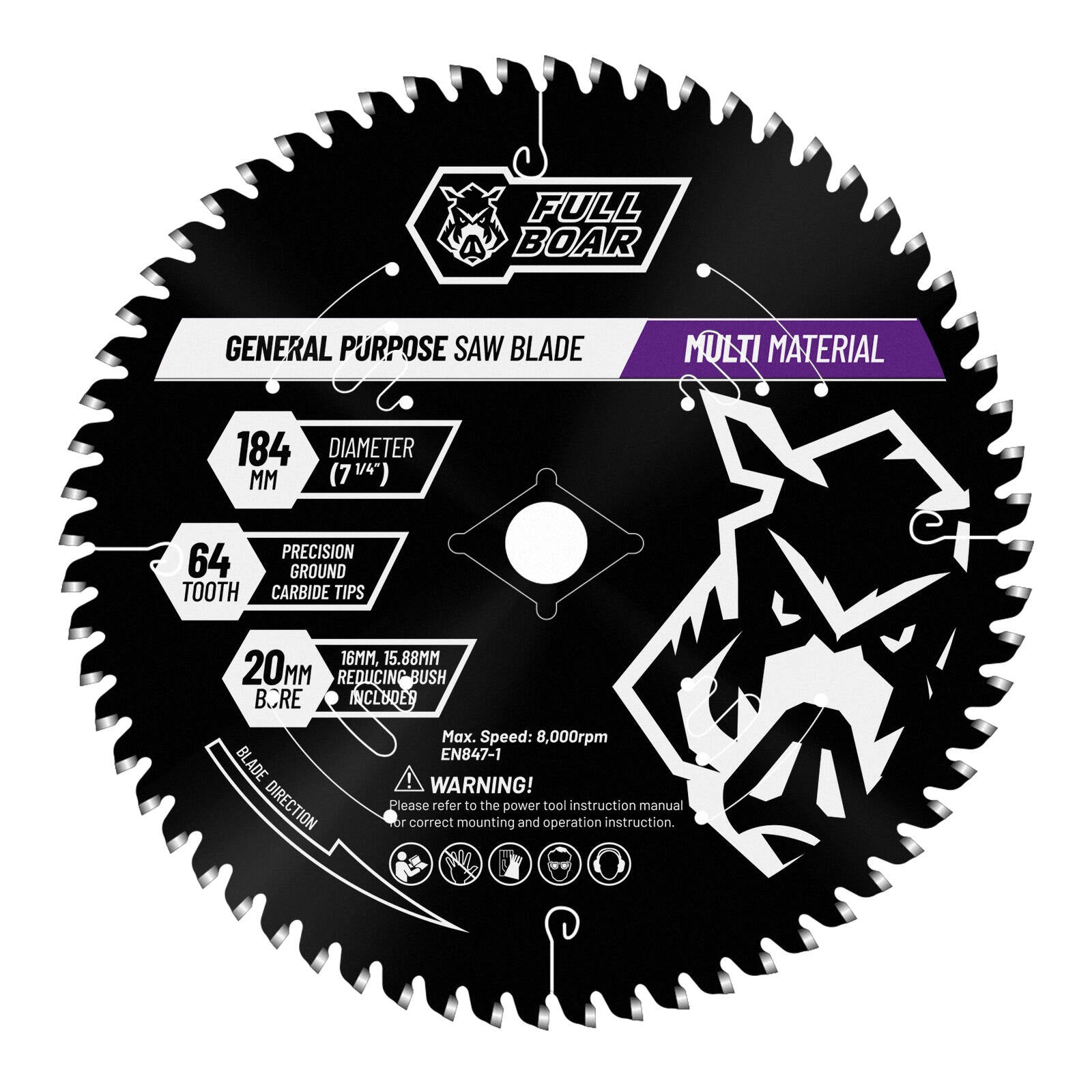 Full Boar 184mm 64T Multi-Material Circular Saw Blade, 20mm Bore