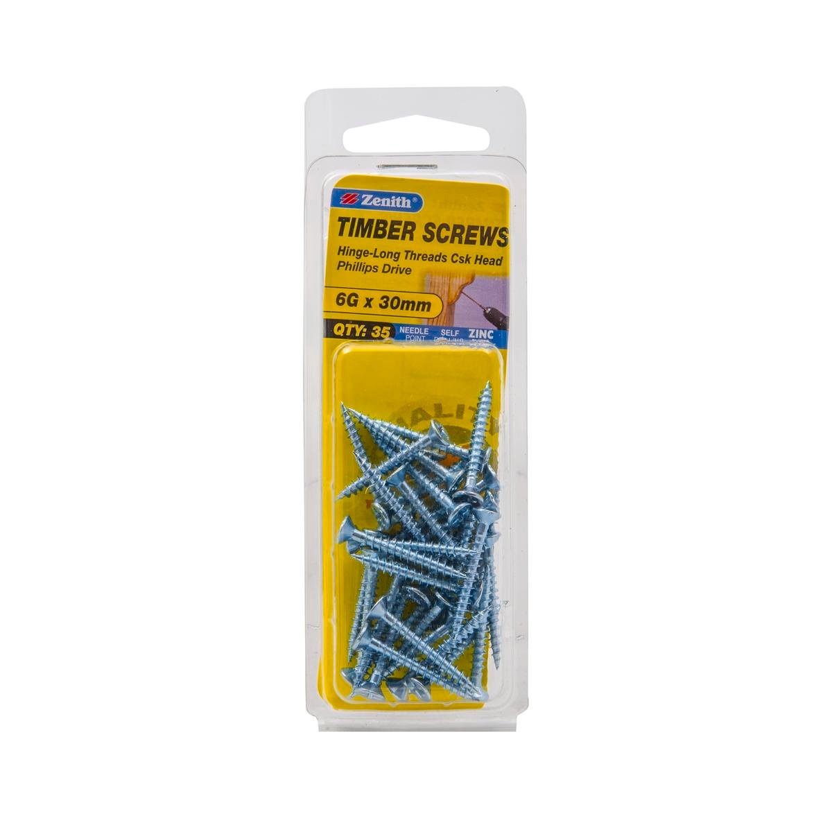 Zenith 6G x 30mm Zinc Plated Hinge Long Thread Countersunk Timber Screws - 35 Pack