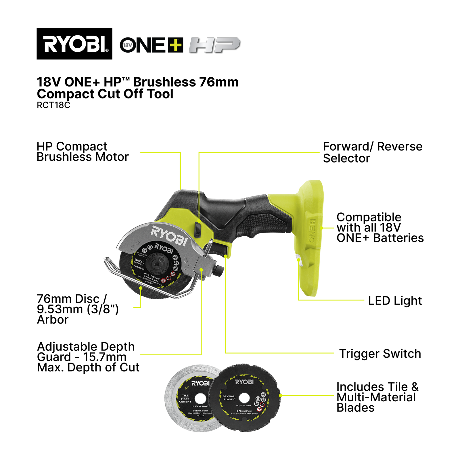 Ryobi 18V ONE+ HP Brushless 76mm Compact Cut Off Tool