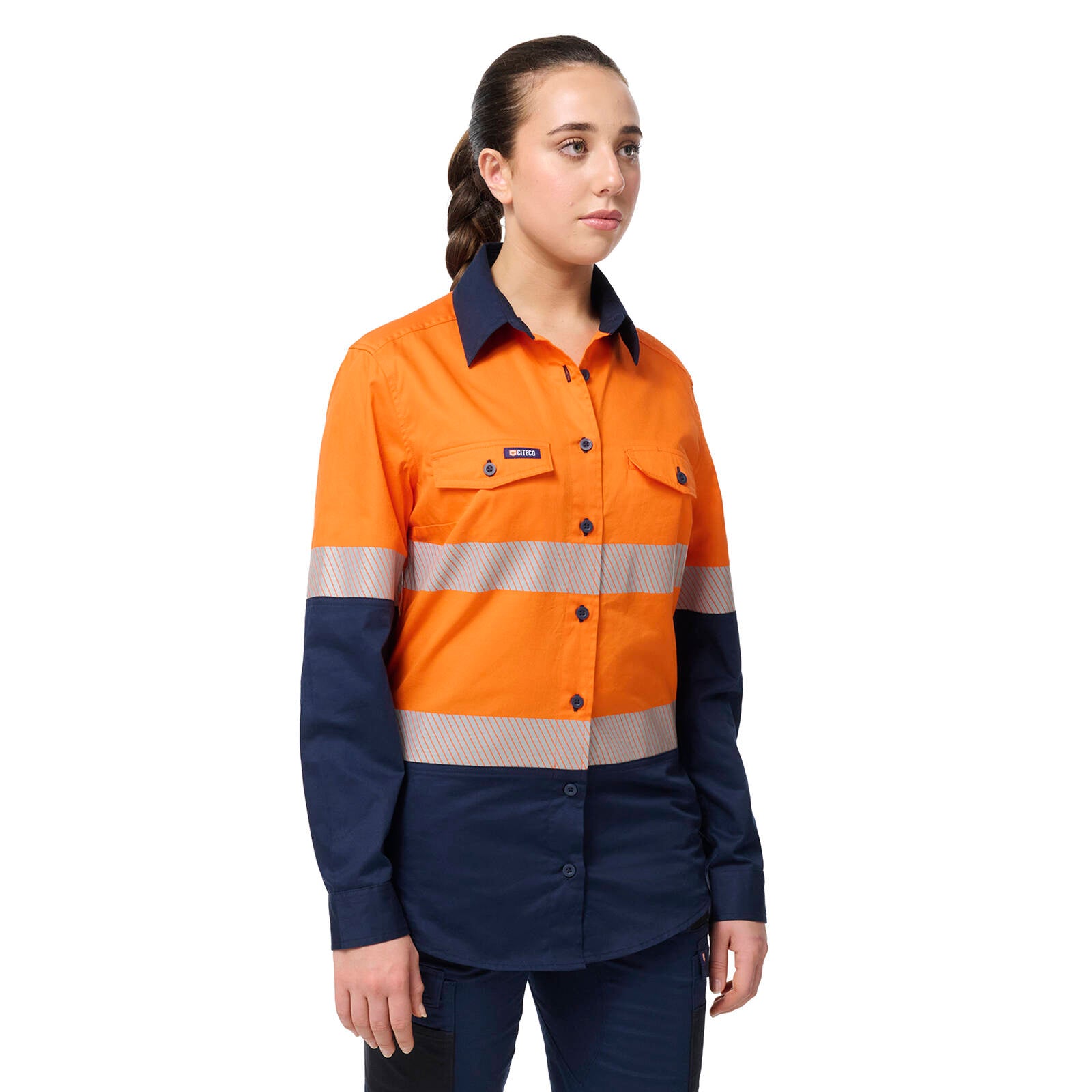 Citeco Women's Orange/Navy Hi Vis Taped Long Sleeve Shirt - Cotton, Size 16