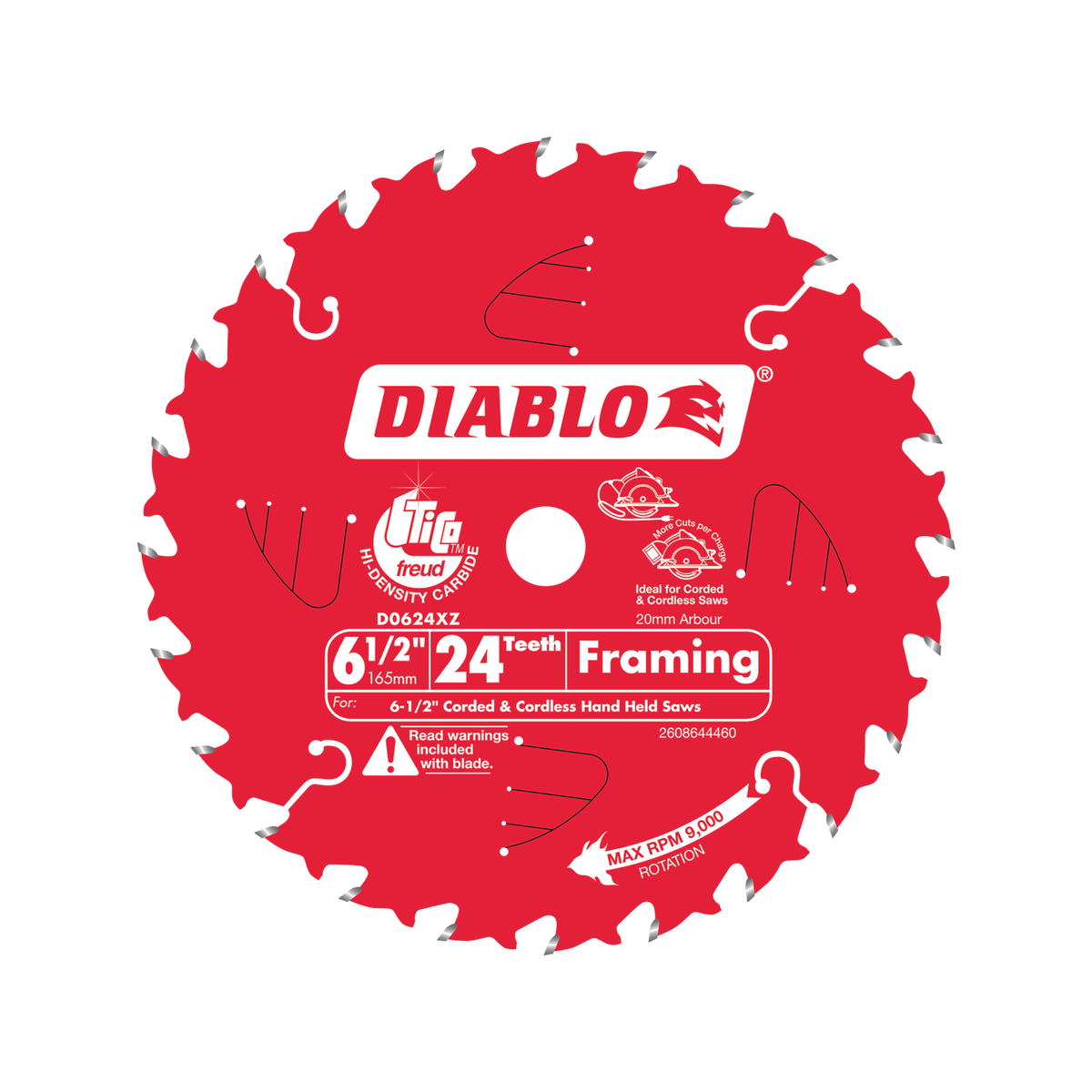 Diablo 165mm 24T General Purpose Circular Saw Blade - 20mm Arbor for Cordless Saws