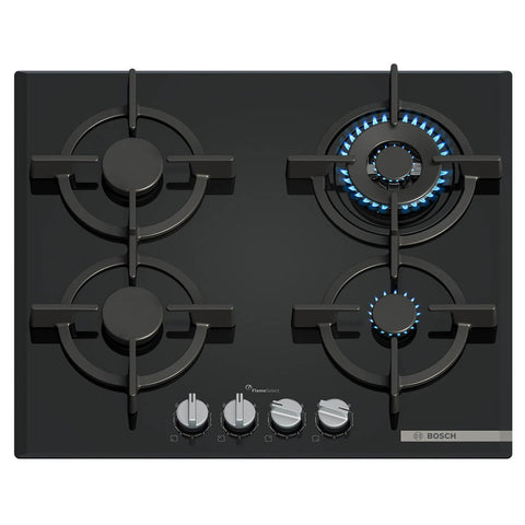 Bosch 60cm Series 6 Natural Gas Cooktop - Black Tempered Glass, FlameSelect, Wok Burner - PPH6A6I10A