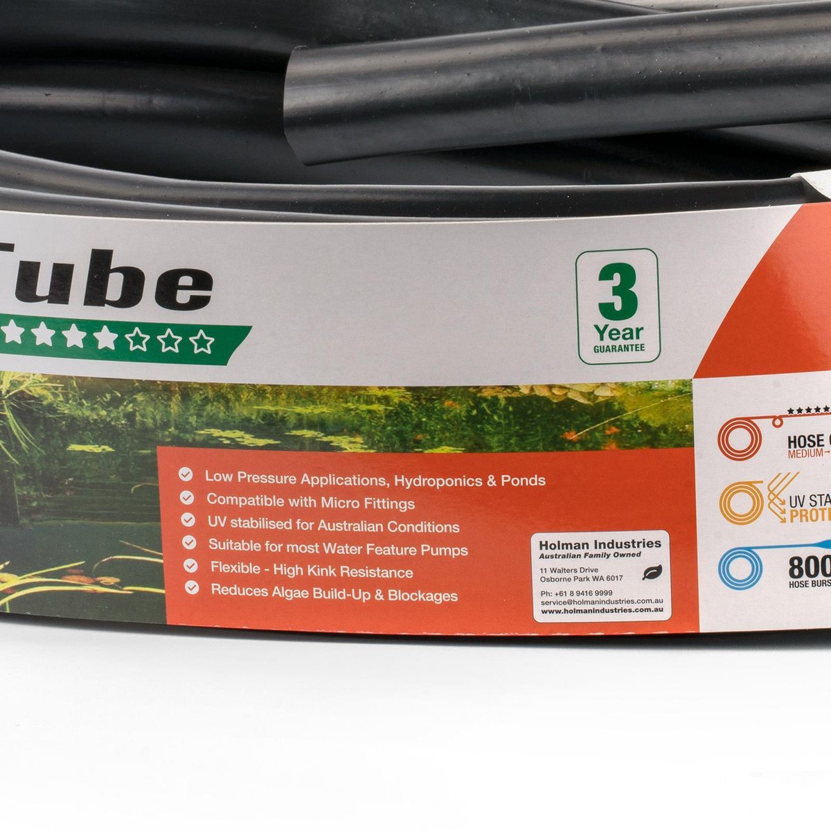 Holman 25mm x 10m Black PVC Flex Tube, 300kPa, Reduces Algae Build-Up