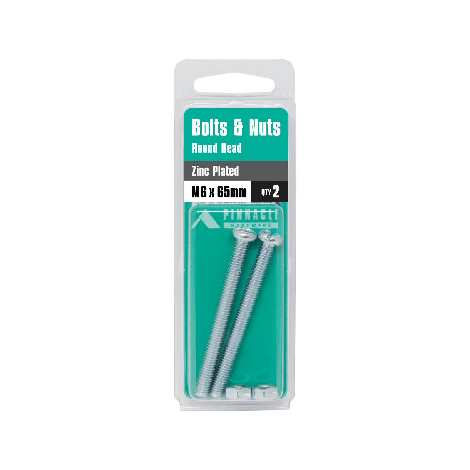 Pinnacle M6 x 65mm Zinc Plated Round Head Bolts and Nuts - 2 Pack