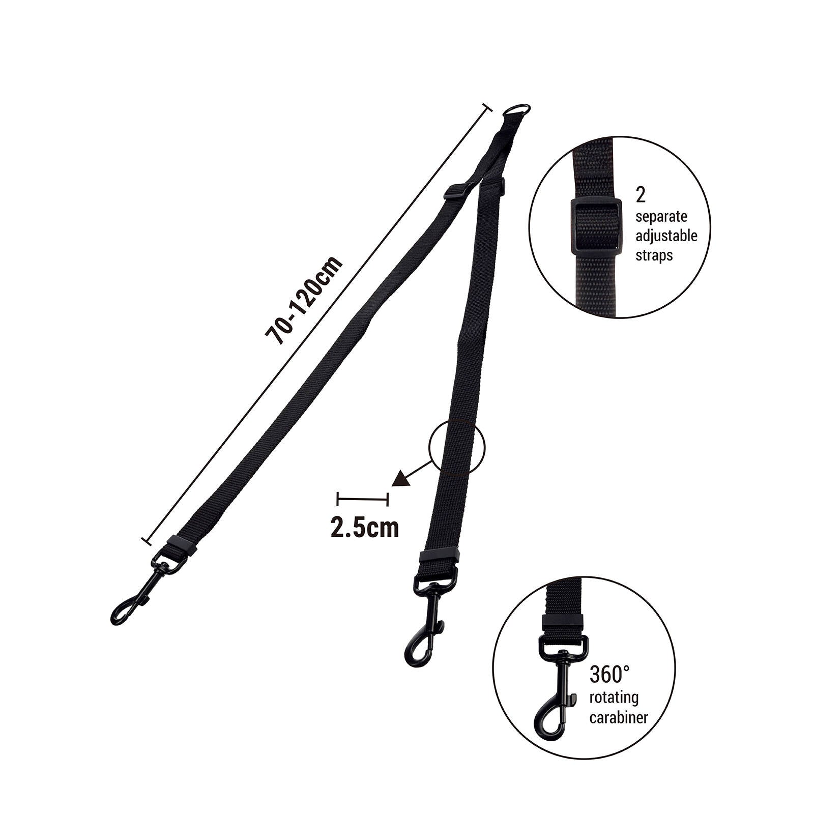 Flamingo Black Double Dog Leash Coupler, Adjustable Nylon