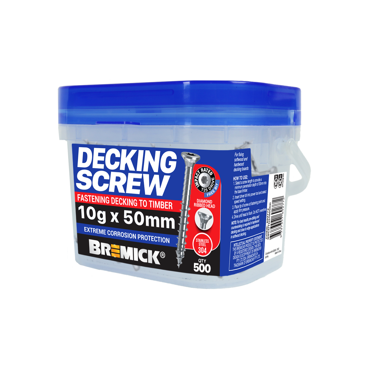 Bremick Decking Screw 10g x 50mm - Stainless Steel 304 - 500 Pack - T25 Drive - SuperSaverAU - view 1