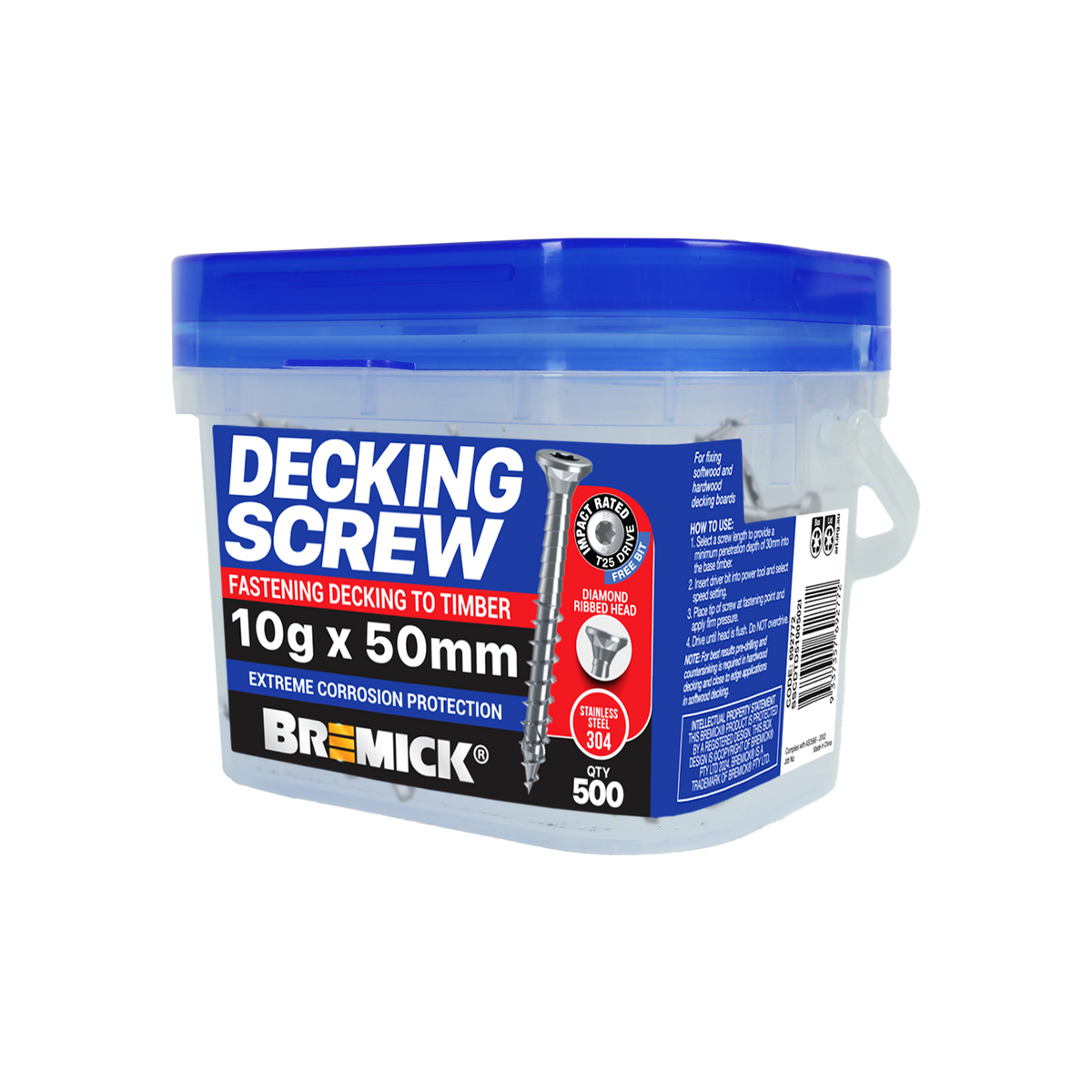 Bremick 10g x 50mm 304 Stainless Steel Spiral Rib T25 Decking Screw - 500 Pack