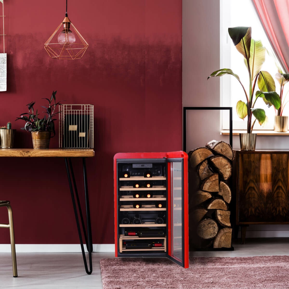 Linarie 94L Single Zone 33 Bottle Retro Wine Fridge - Red, UV Protection, 38dB Operation - LICV33RED