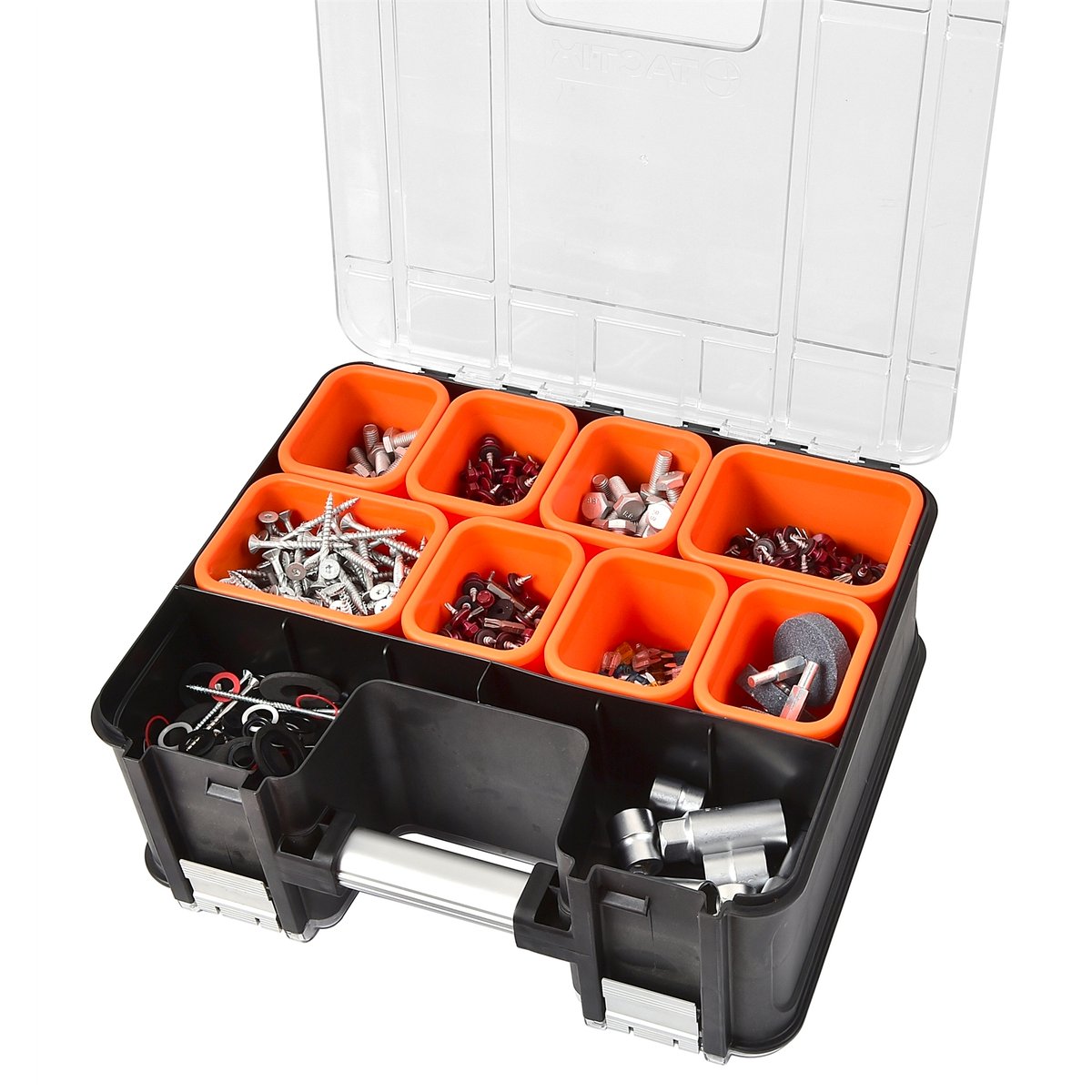 Tactix 390mm Double Sided Organiser Black & Orange Removable Bins PP/PC