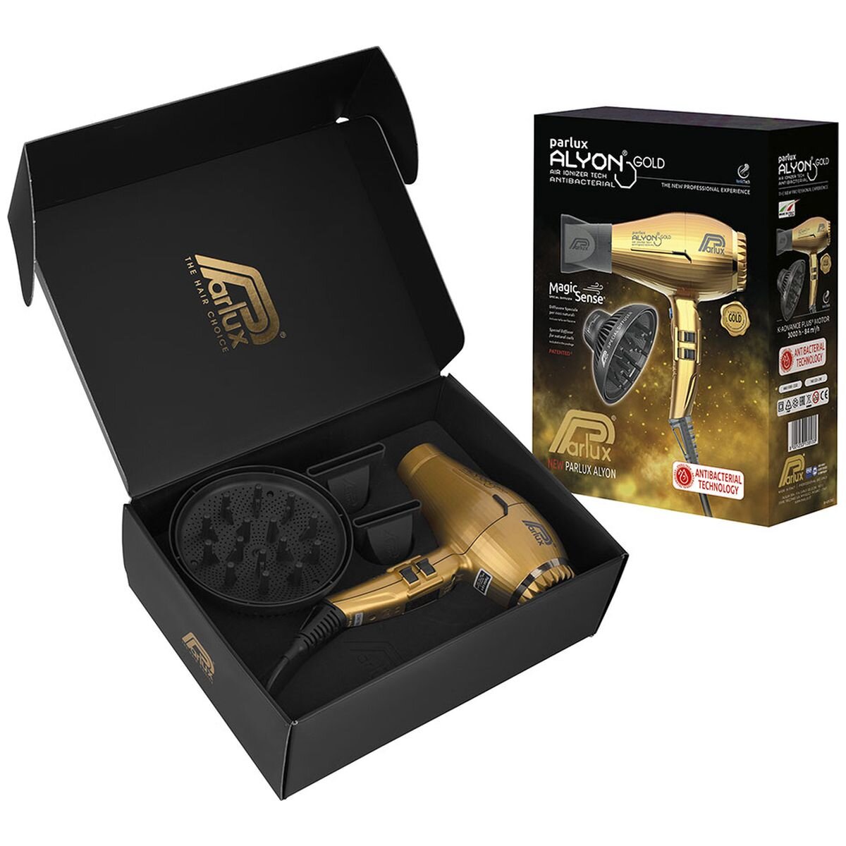 Parlux Alyon Air Ionizer Hair Dryer 2250W - Gold - MagicSense Diffuser Pack for Curls - 150134