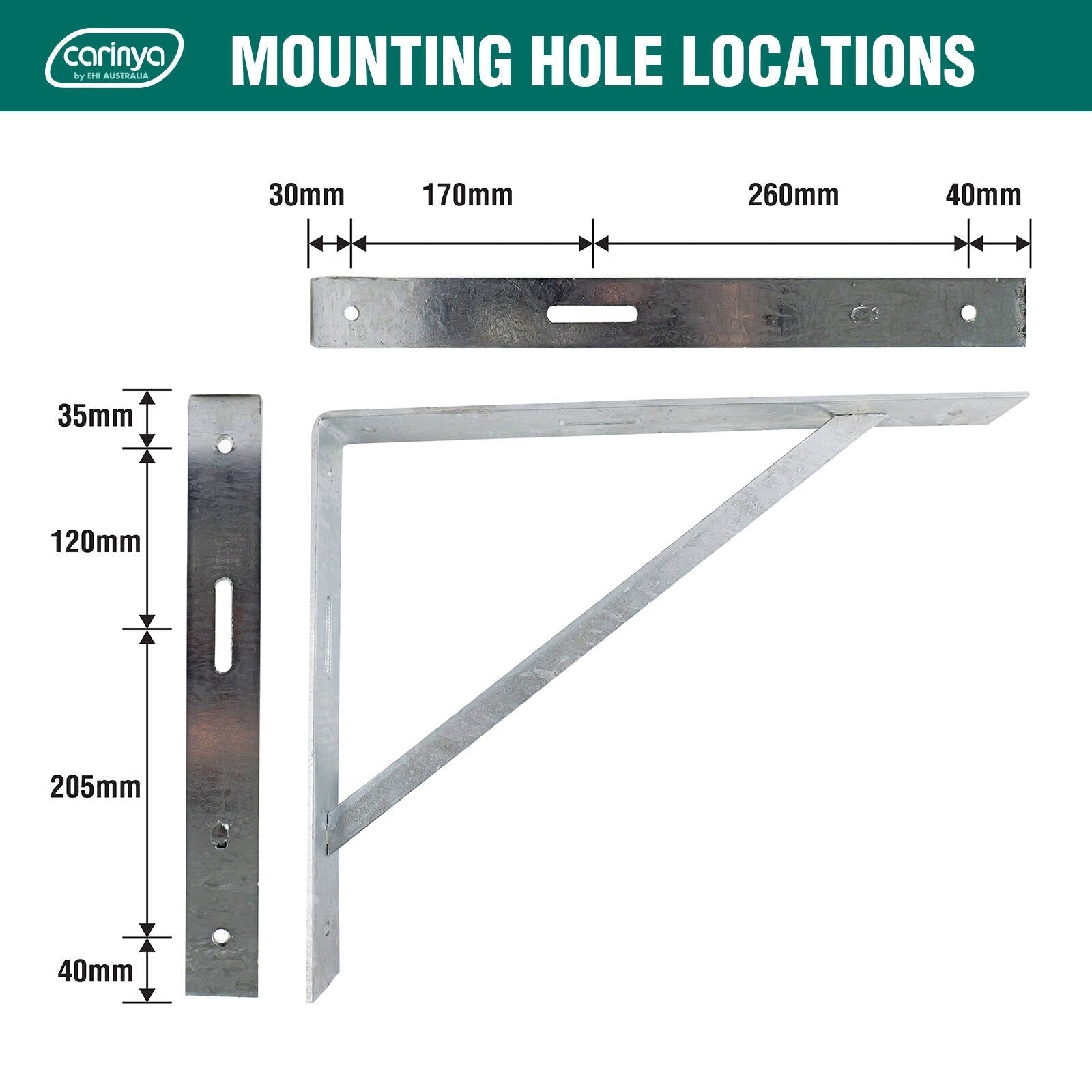 Carinya 500 x 400mm Galvanised Steel Heavy Duty Straight Stay Bracket 200kg