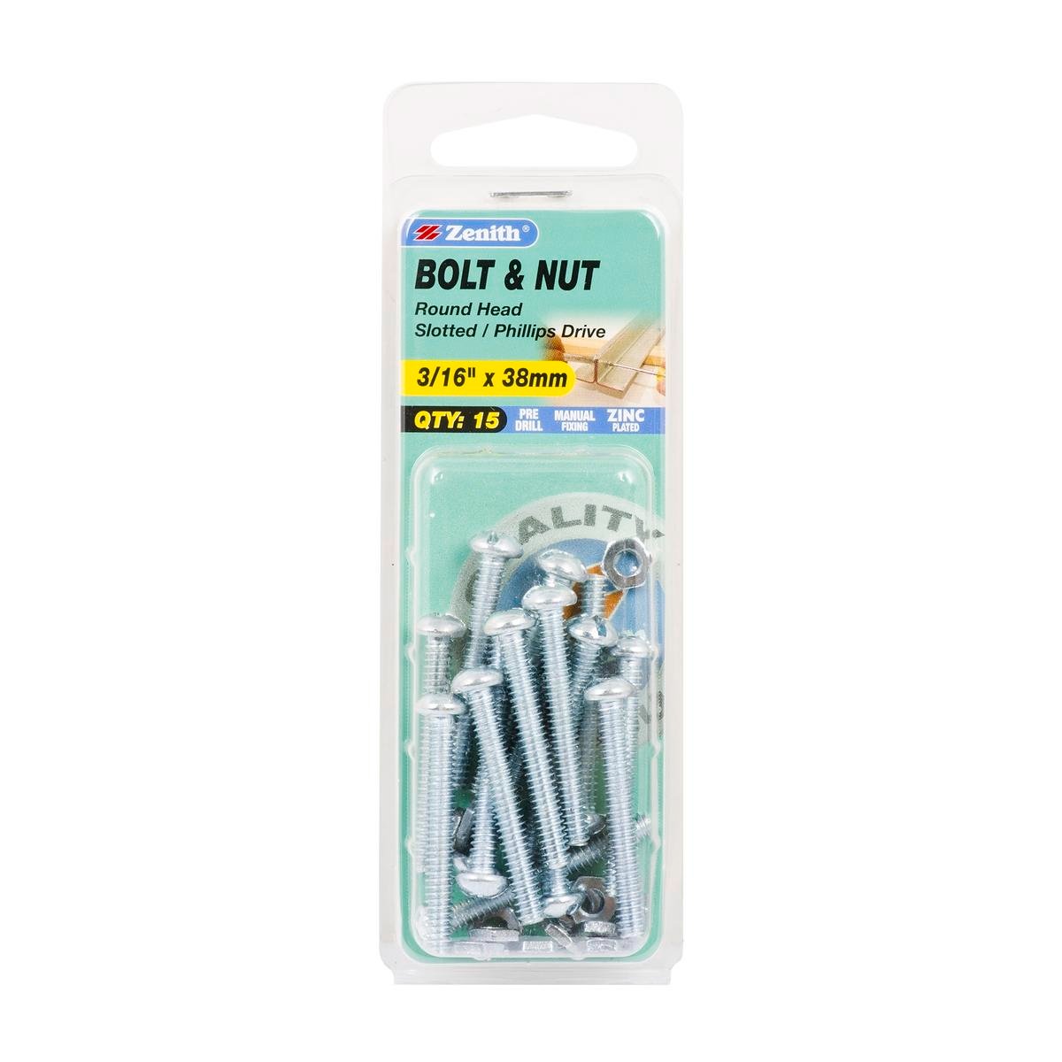 Zenith 3/16" x 38mm Zinc Plated Round Head Bolt and Nut - 15 Pack