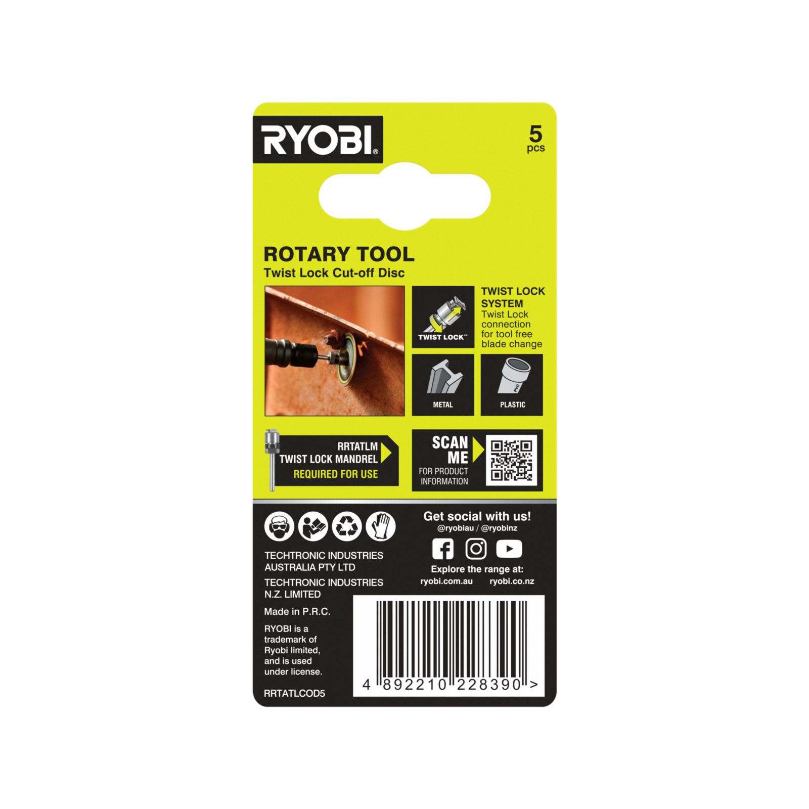 Ryobi 38mm Rotary Twist Lock Cutting Disc for Metal and Plastic - 5 Pack